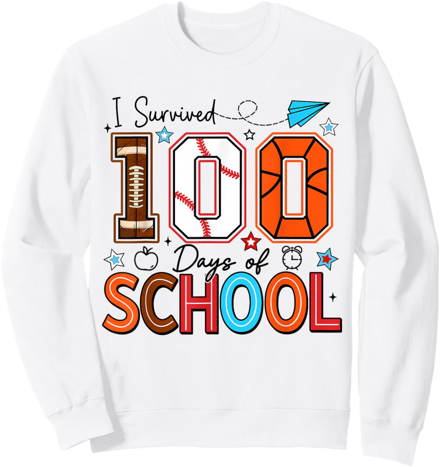 I Survived 100 Days Baseball Football Basketball School Kids Sweatshirt - Sweatshirt | White