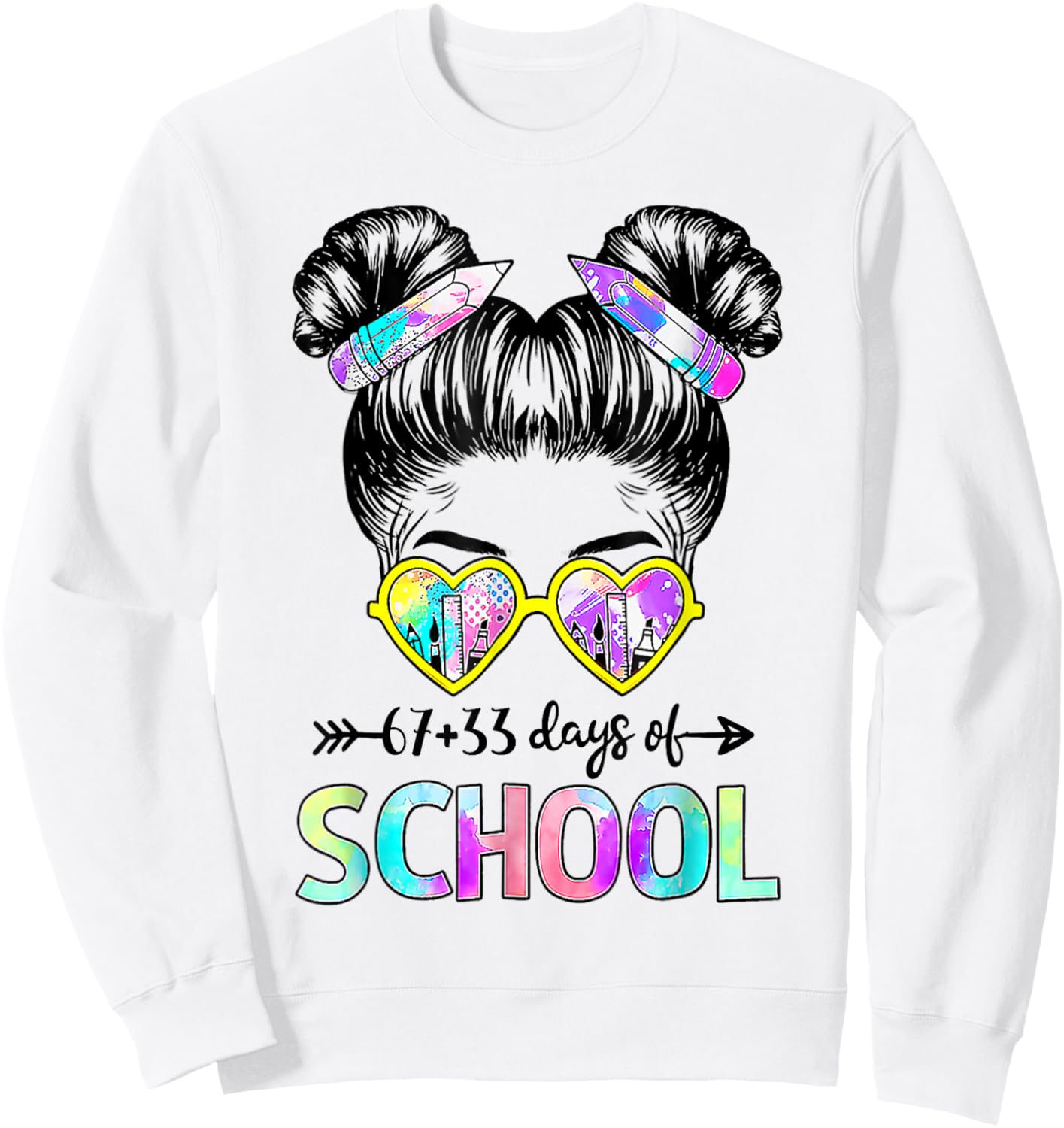 67 33 Days Smarter Girls Messy Bun Hair 100th Day of School Sweatshirt - Sweatshirt | White