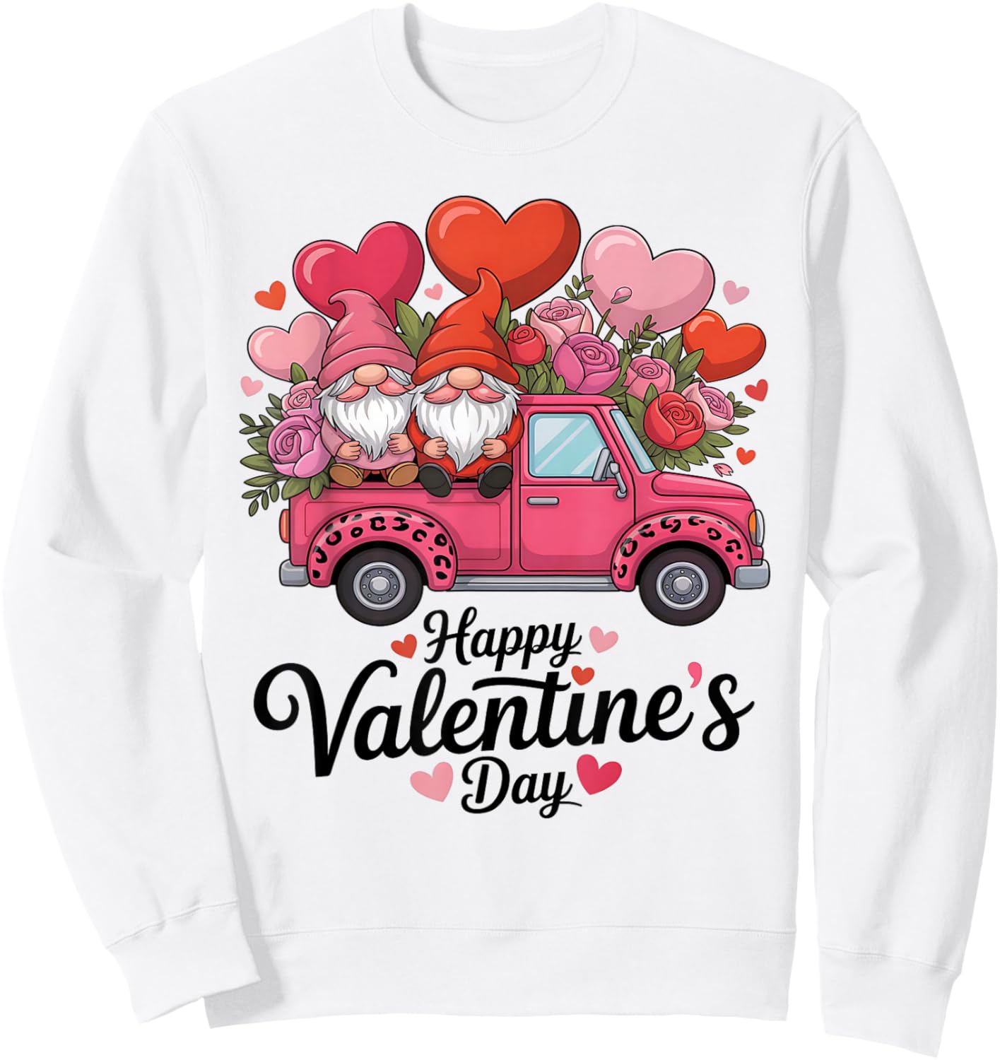 Valentines Day Gnomes Pink Truck Roses Leopard Print Sweatshirt - Sweatshirt | White