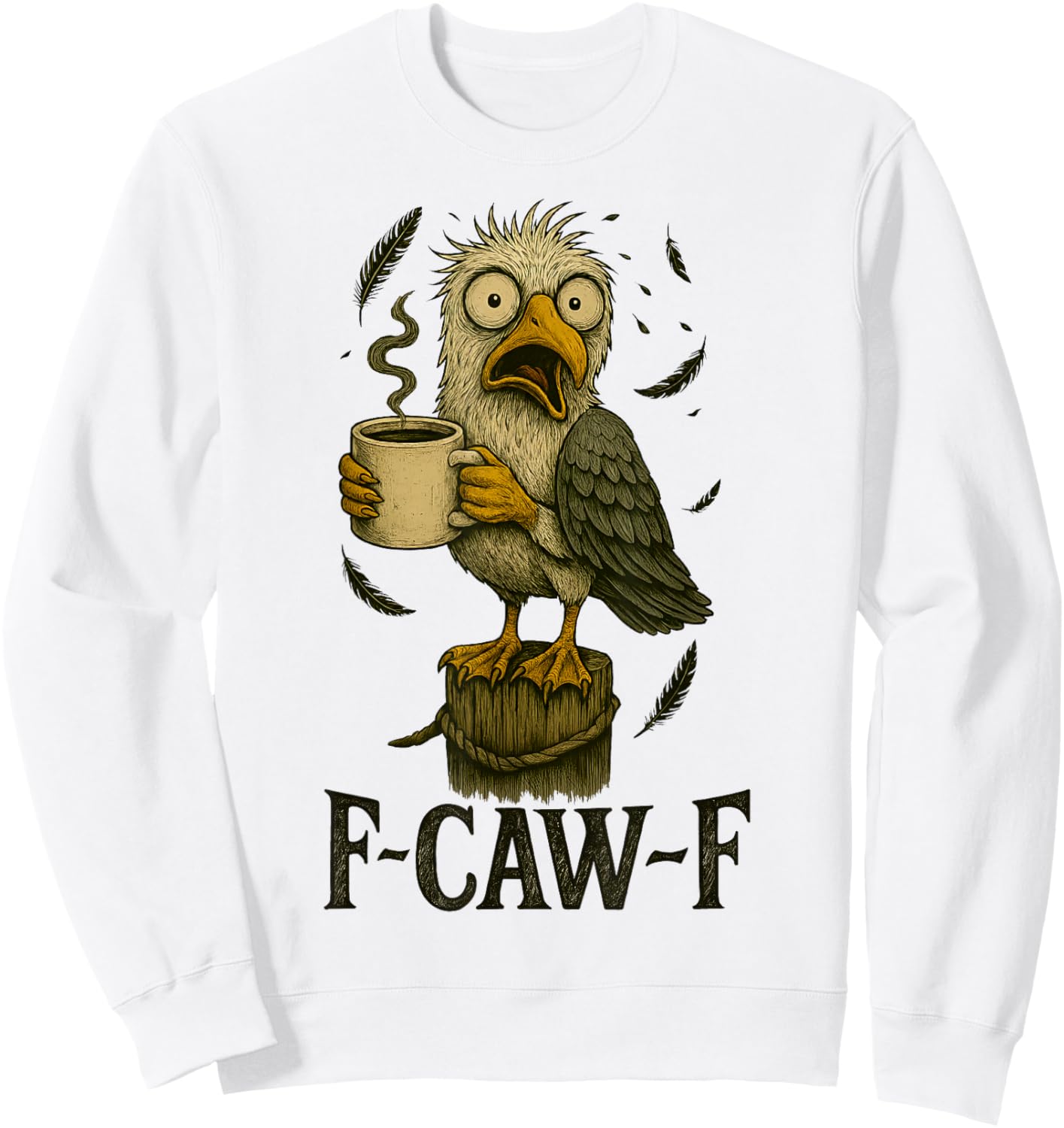 FCawF Vintage Seagull - Funny Tired Bird Drinking Coffee Sweatshirt - Sweatshirt | White