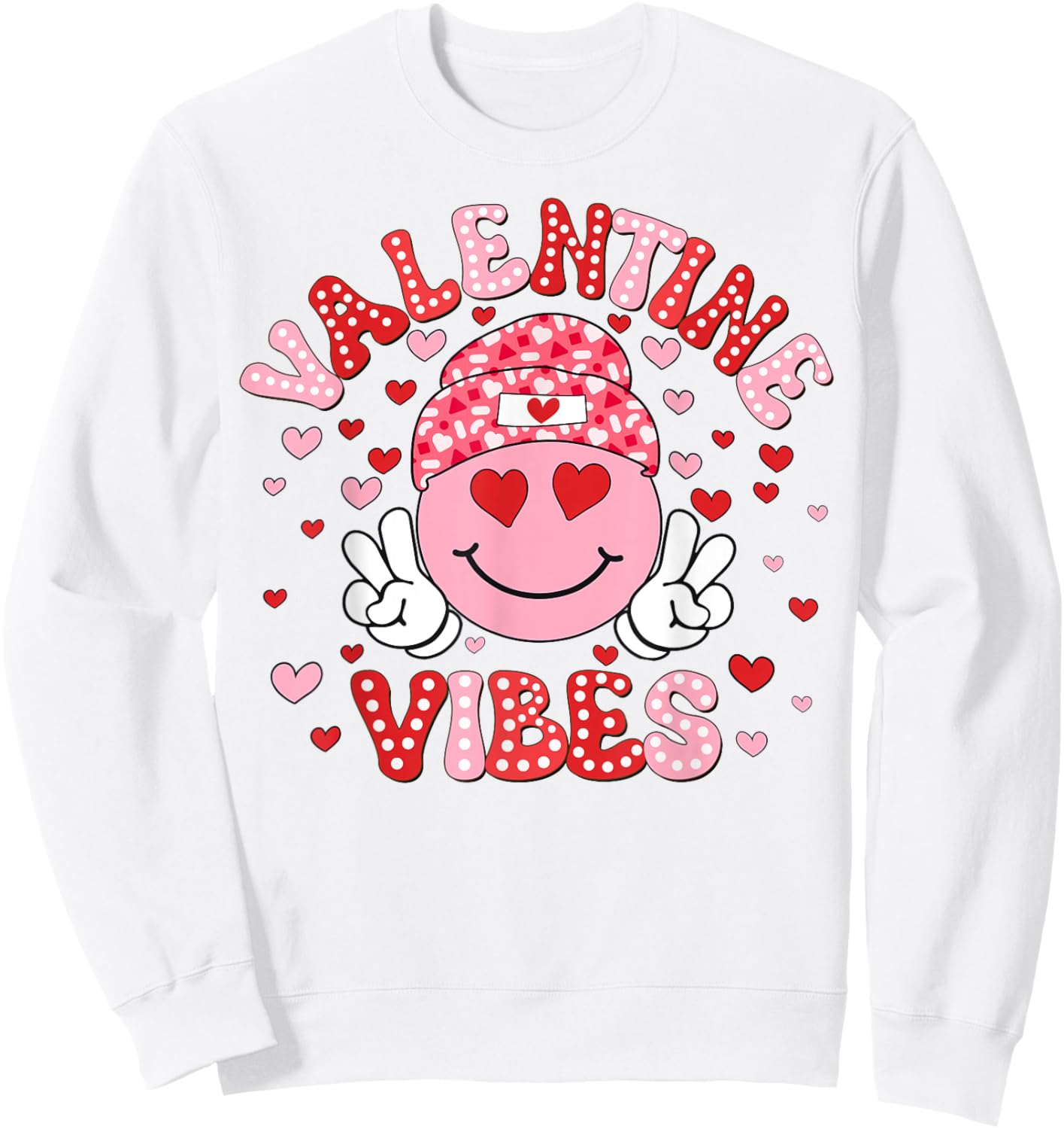 Valentine Vibes Funny Happy Smile Face Heart Girl Women Kid Sweatshirt - Sweatshirt | White