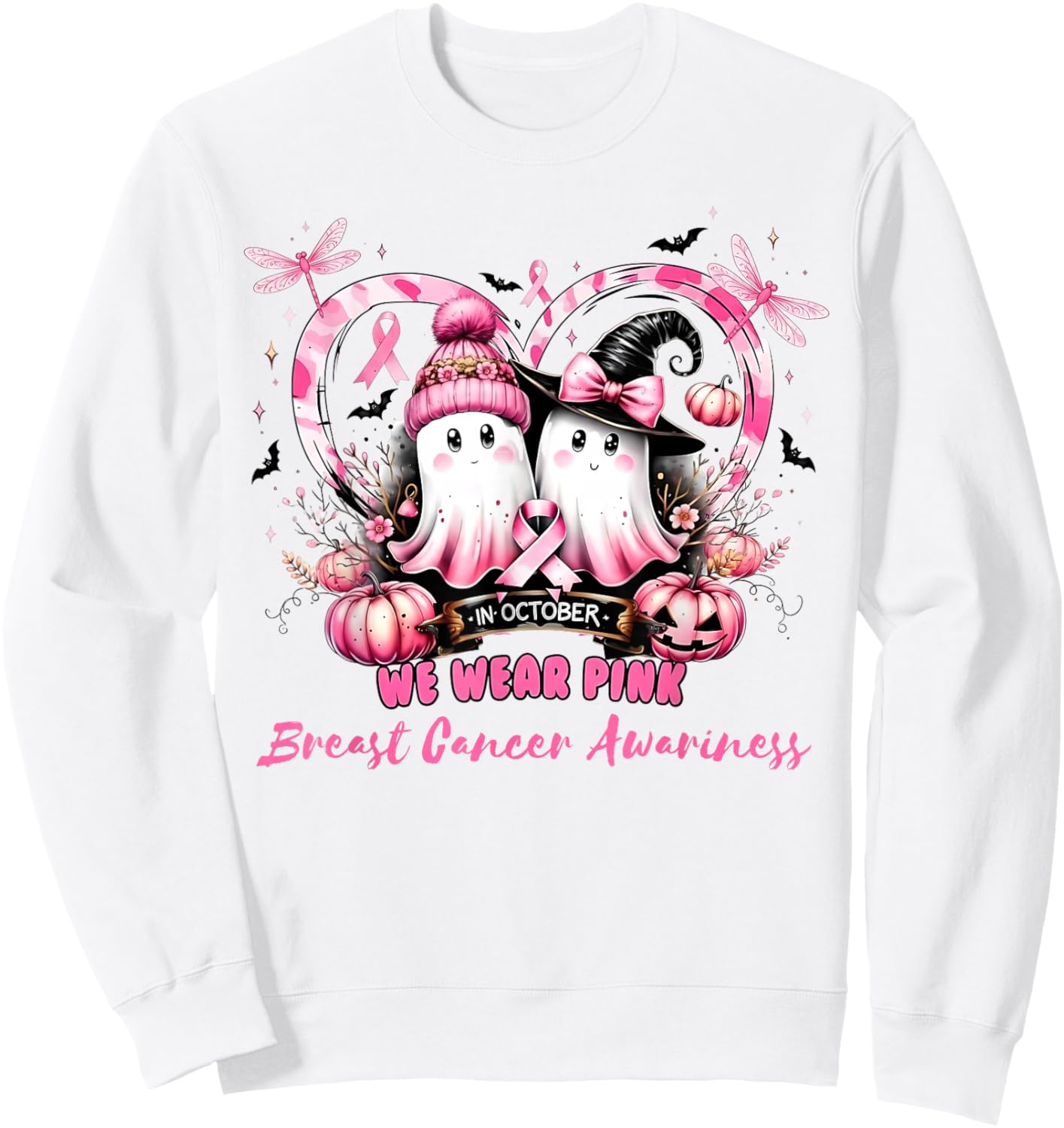 in October We Wear Pink Breast Cancer Heart Dragonflies Sweatshirt - Sweatshirt | White
