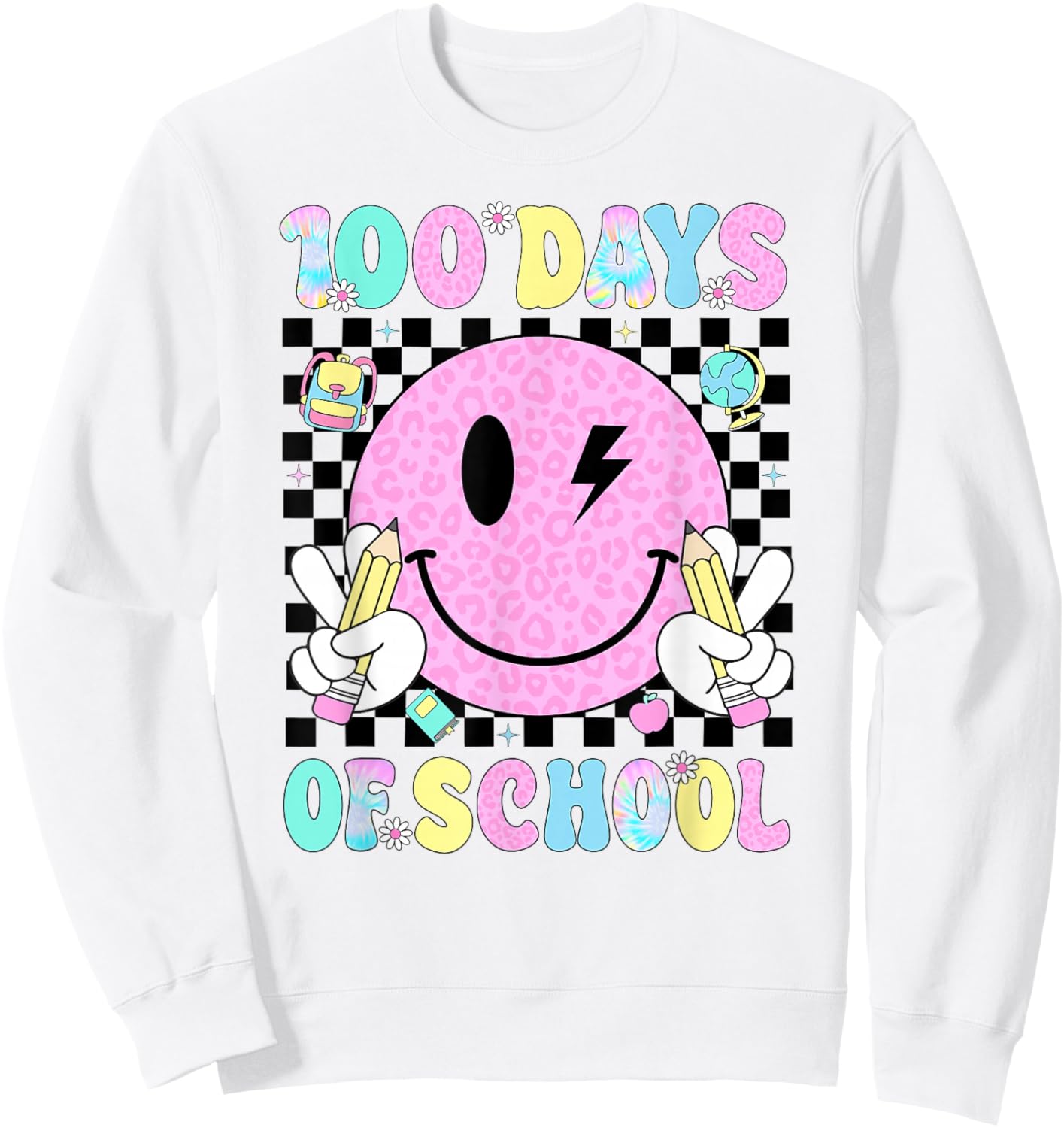 100 Days of School Retro Smile Face Teacher Kids 100th Day Sweatshirt - Sweatshirt | White