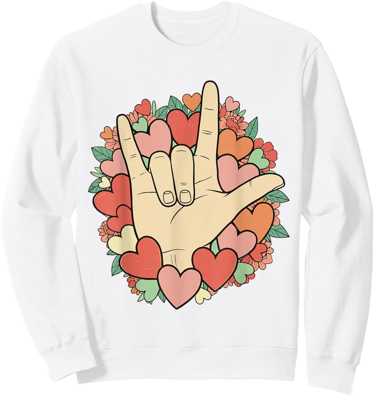 I Love You Sign Language Valentine's Day ASL Hearts Floral Sweatshirt - Sweatshirt | White