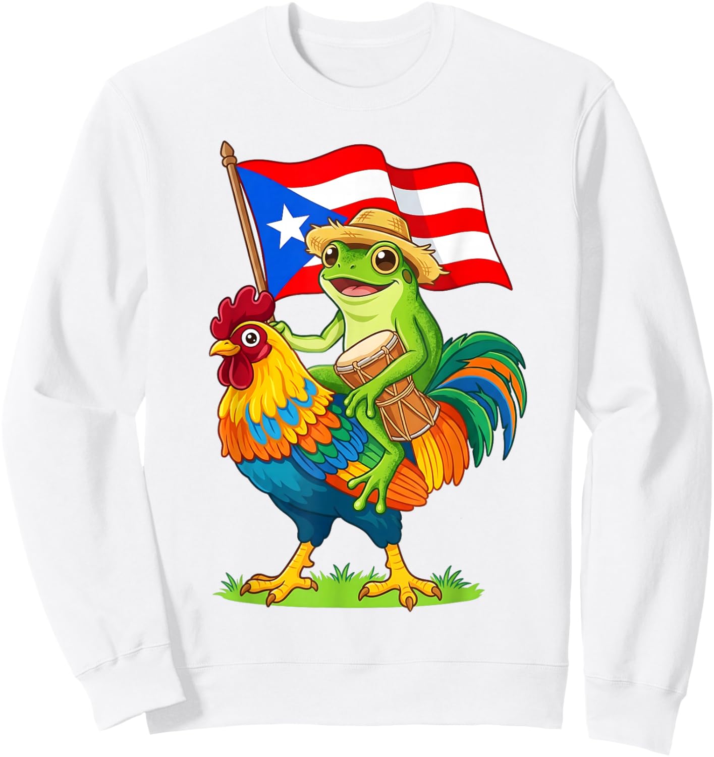 Puerto Rico Coquí Frog Riding Rooster Boricua Flag for Kids Sweatshirt - Sweatshirt | White