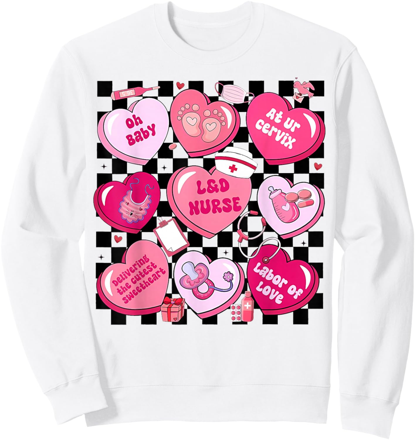 Women Labor and Delivery Nurse Hearts Candy Valentine's Day Sweatshirt - Sweatshirt | White