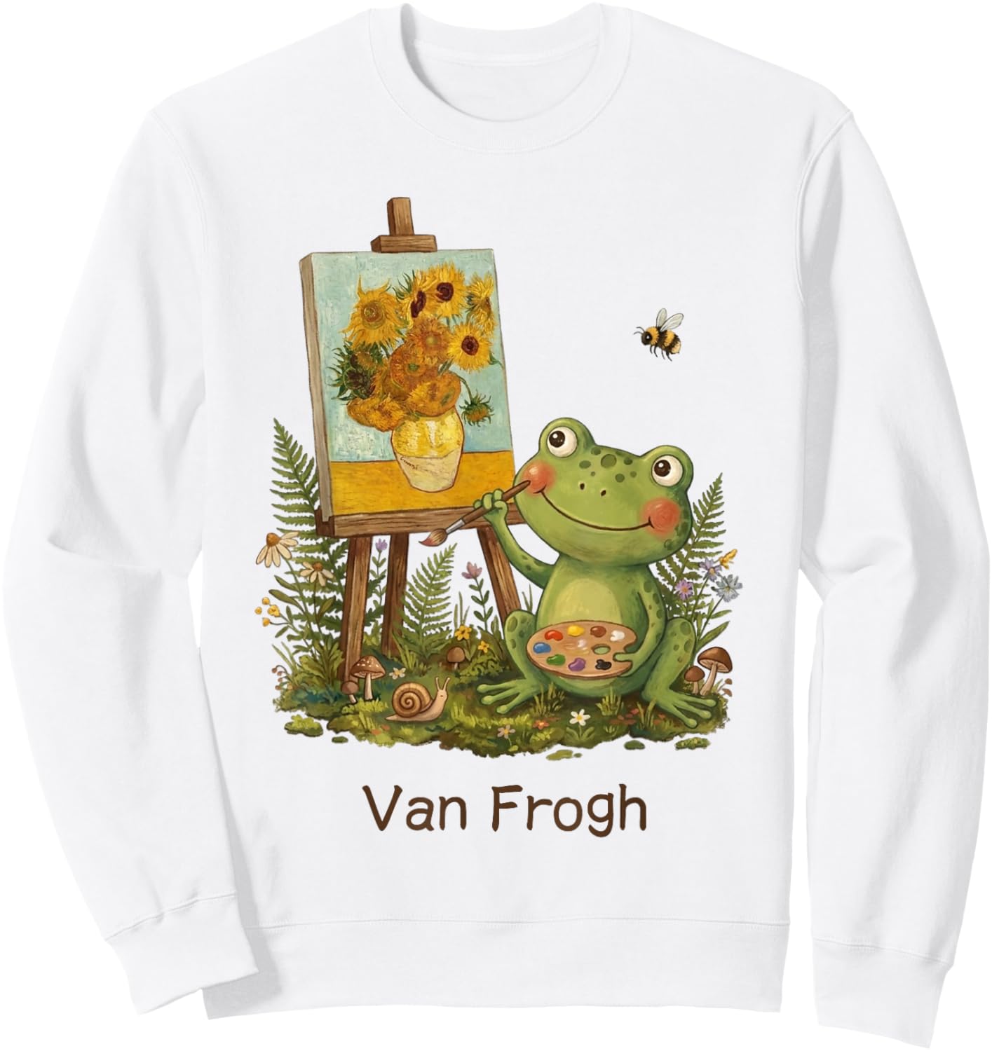 Van Gogh Funny Art Teacher Pun Cute Frog Painting Sunflowers Sweatshirt - Sweatshirt | White