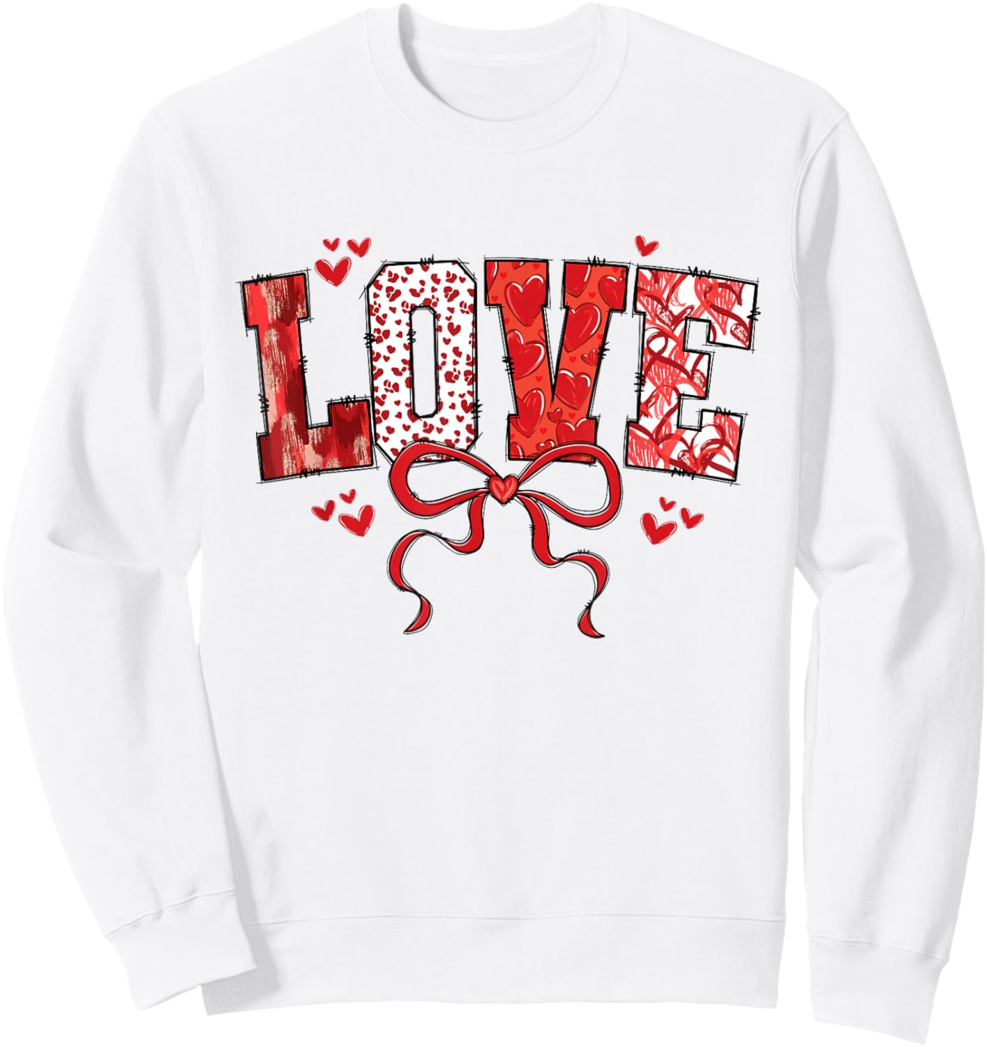 Love Bow Hearts Patchwork Style Cute Valentine Text Sweatshirt - Sweatshirt | White