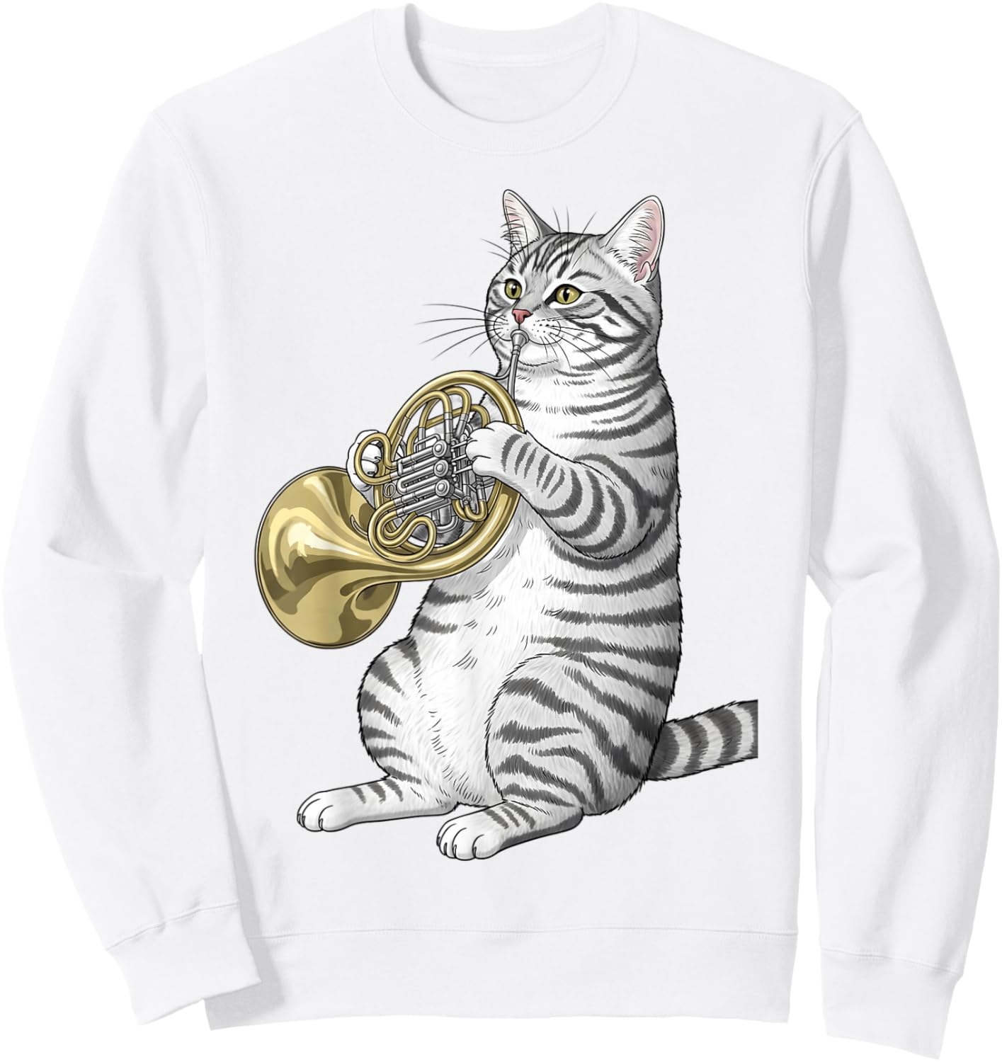 Funny Cat Playing French Horn Player Men Women Kids Boys Sweatshirt - Sweatshirt | White