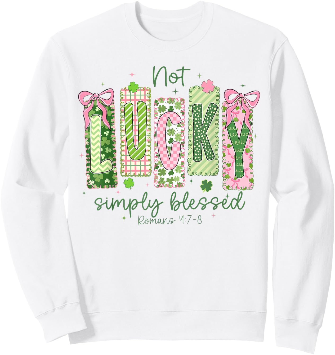 Preppy Patrick's Day Not Lucky Simply Blessed Bow Shamrock Sweatshirt - Sweatshirt | White