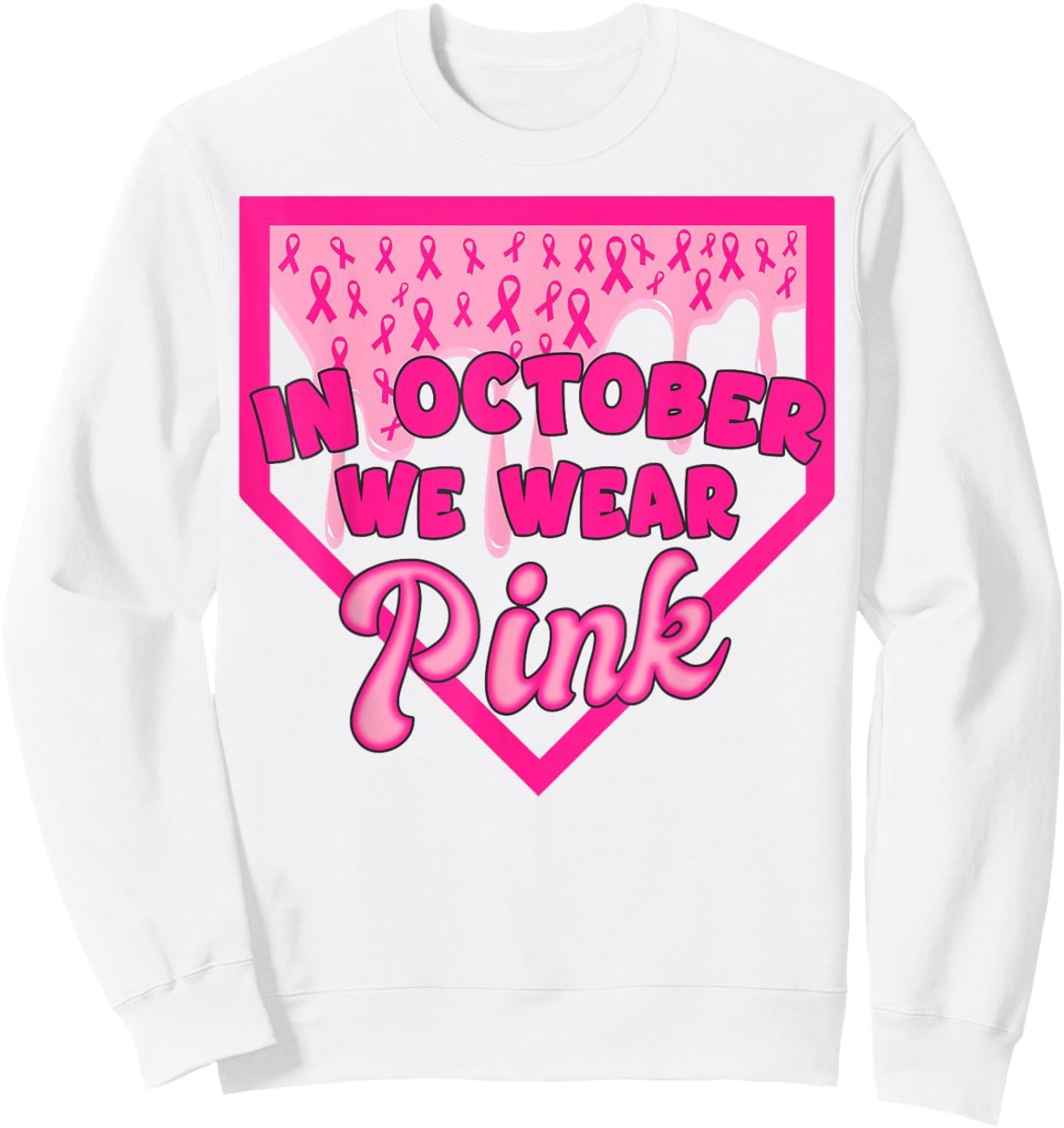 in October We Wear Pink Baseball Drip Boy Kids Breast Cancer Sweatshirt - Sweatshirt | White