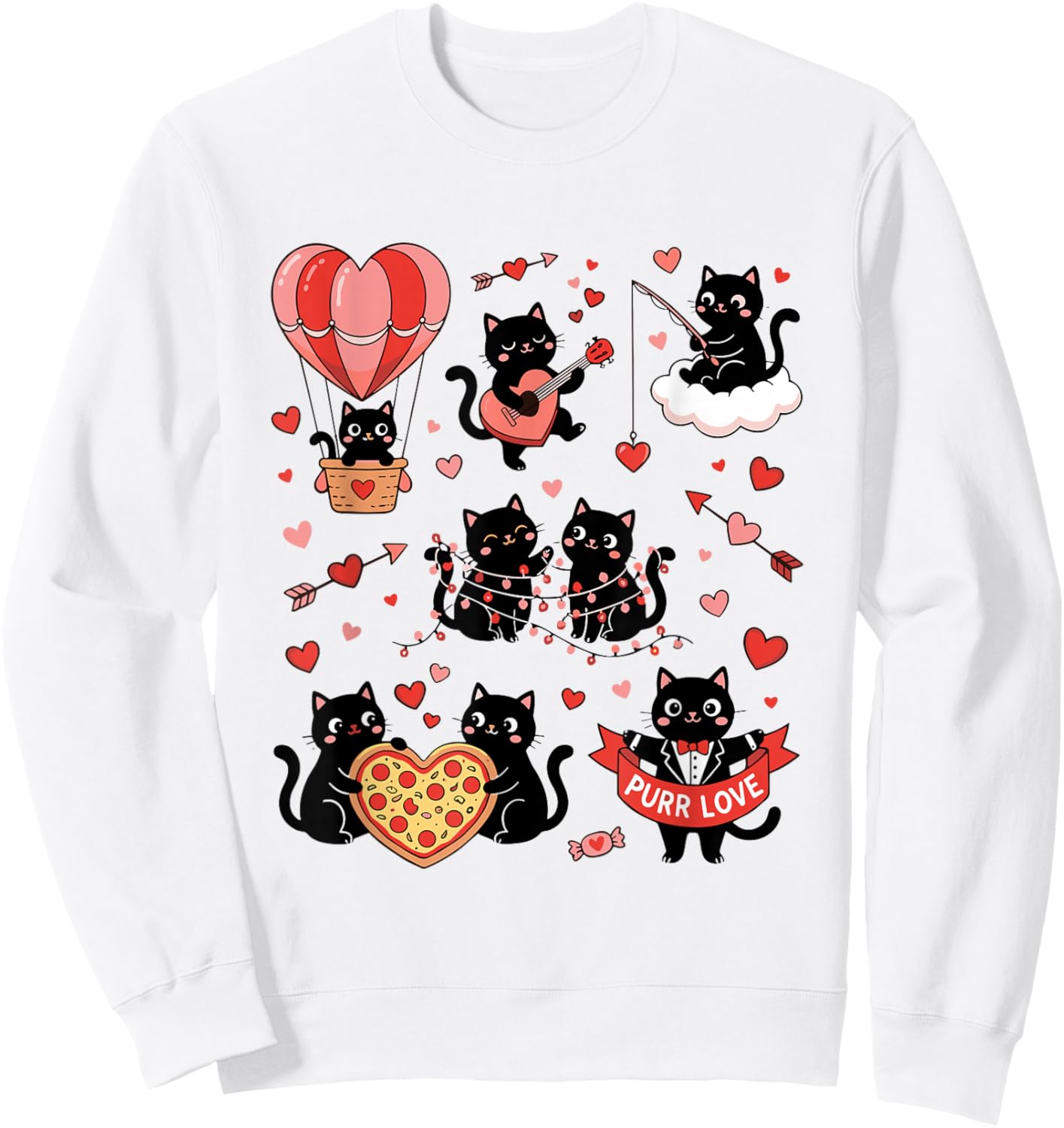 Retro Black Cat Heart Valentines Day Cute Kitten Lover Sweatshirt - Sweatshirt | White