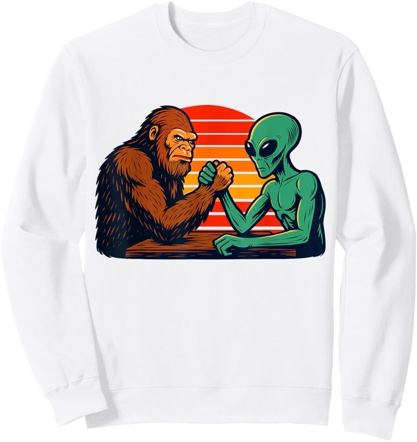 Funny Arm Wrestling Bigfoot Alien Sweatshirt - Sweatshirt | White