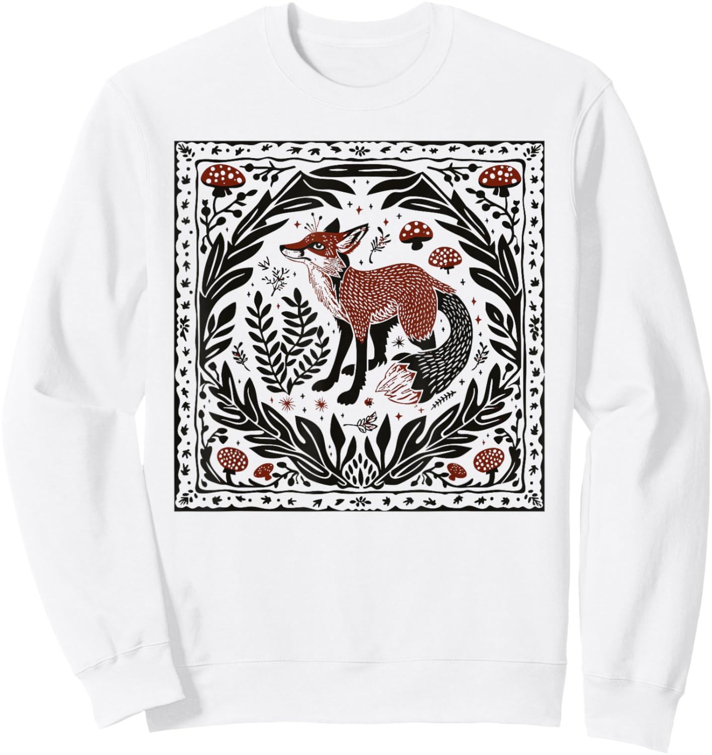 Forestcore Fox Linocut Print - Folklore and Nature Magic Sweatshirt - Sweatshirt | White