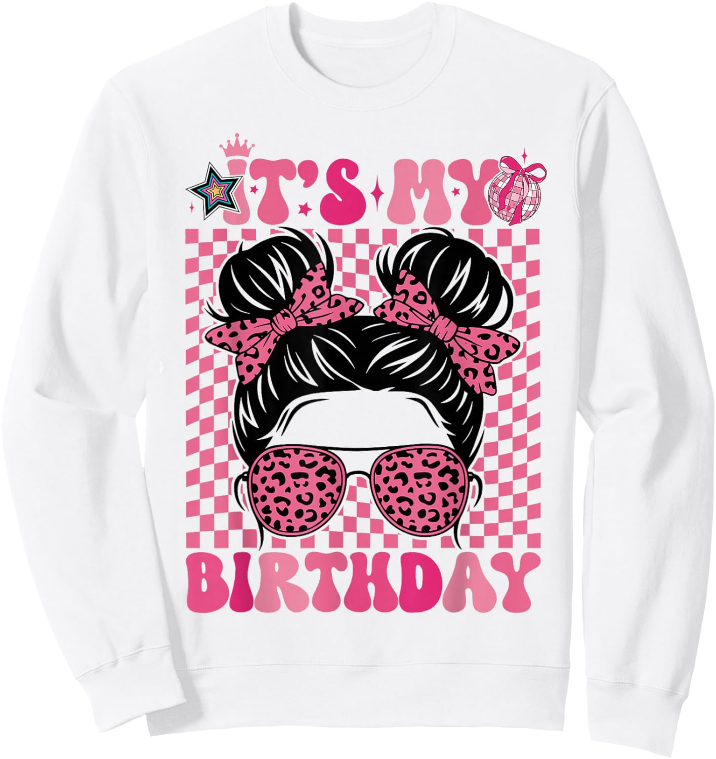 It's My Birthday Girls Women Messy Bun Pink Coquette Bow Sweatshirt - Sweatshirt | White