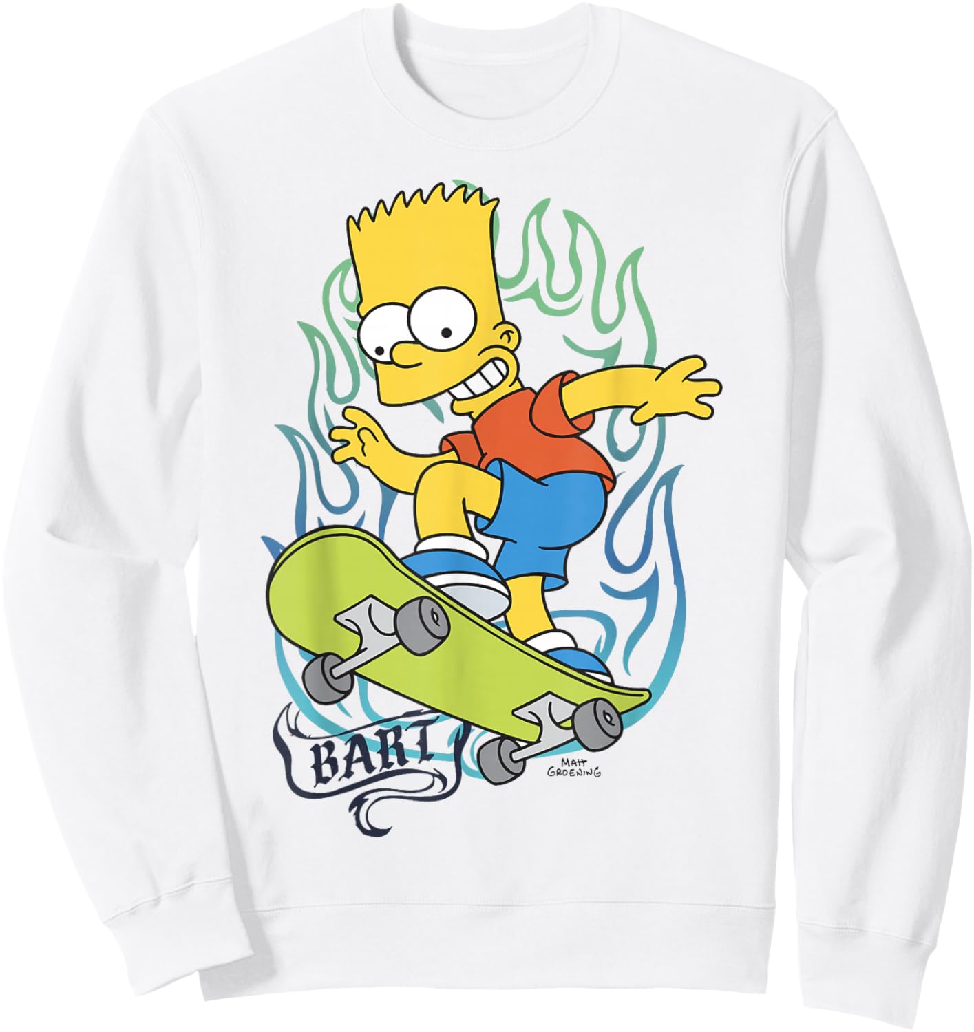 The Simpsons Bart Simpson Flaming Skateboard Action Sweatshirt - Sweatshirt | White