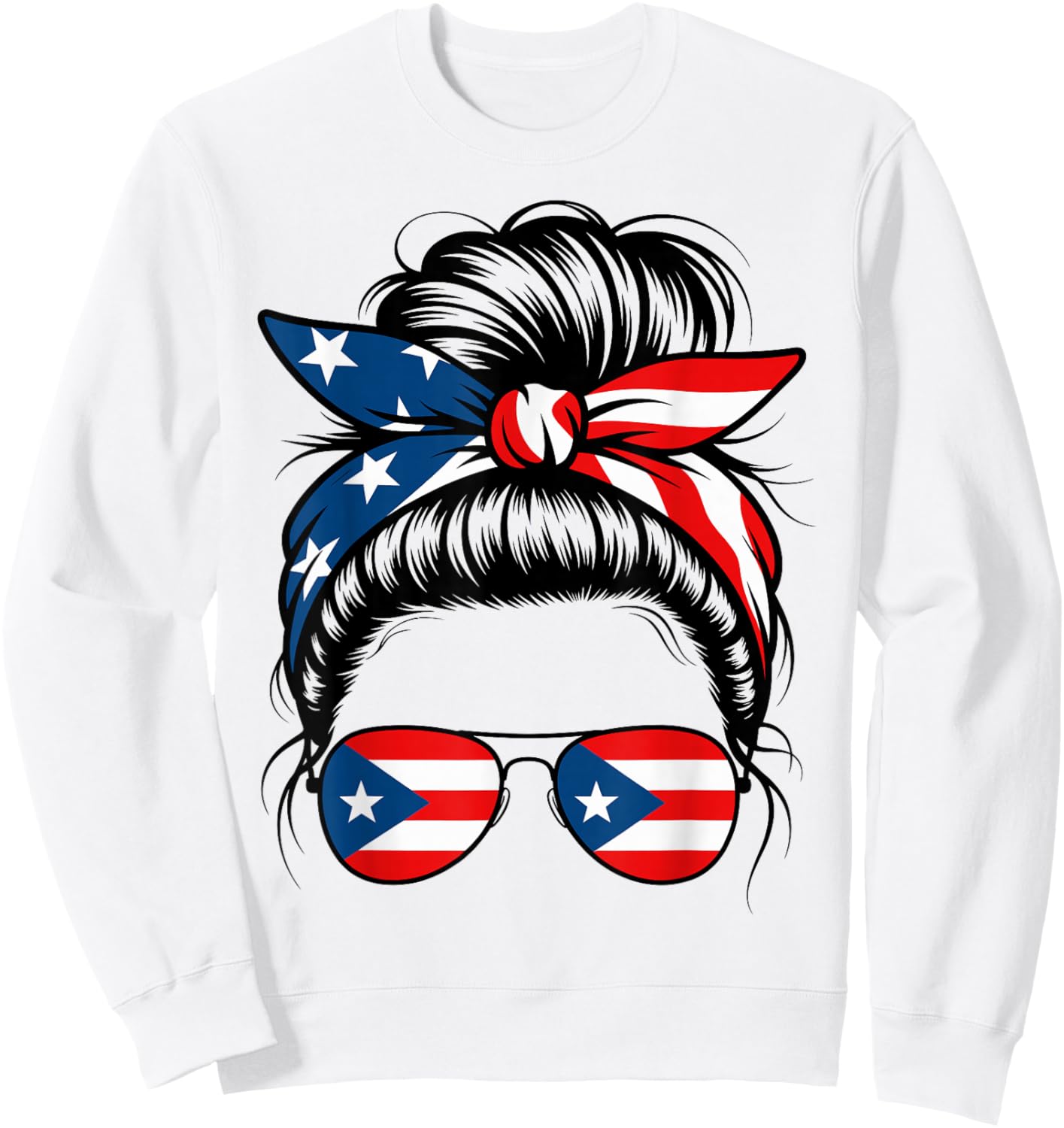 Puerto Rico Girl Messy Bun Sunglasses Patriotic Design Sweatshirt - Sweatshirt | White
