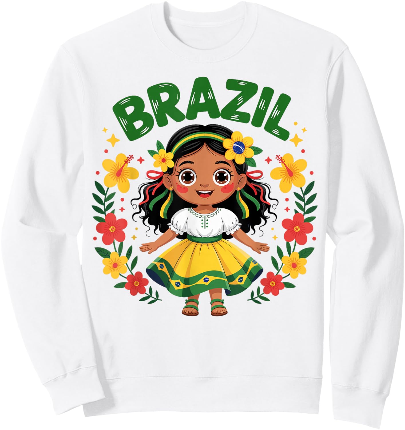 Cute Brazil Girl Traditional Dress Flag Colors Art for Kids Sweatshirt - Sweatshirt | White