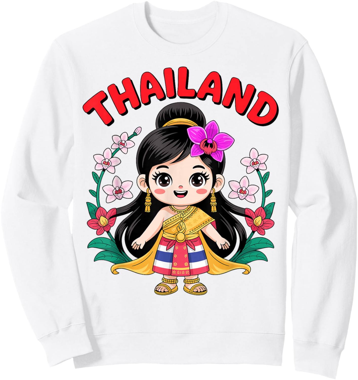 Cute Thailand Girl Traditional Dress with Orchids for Kids Sweatshirt - Sweatshirt | White