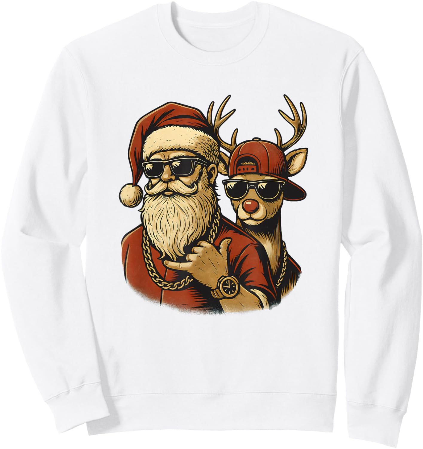 Hip Hop Santa Claus and Cool Reindeer Duo Christmas Holiday Sweatshirt - Sweatshirt | White