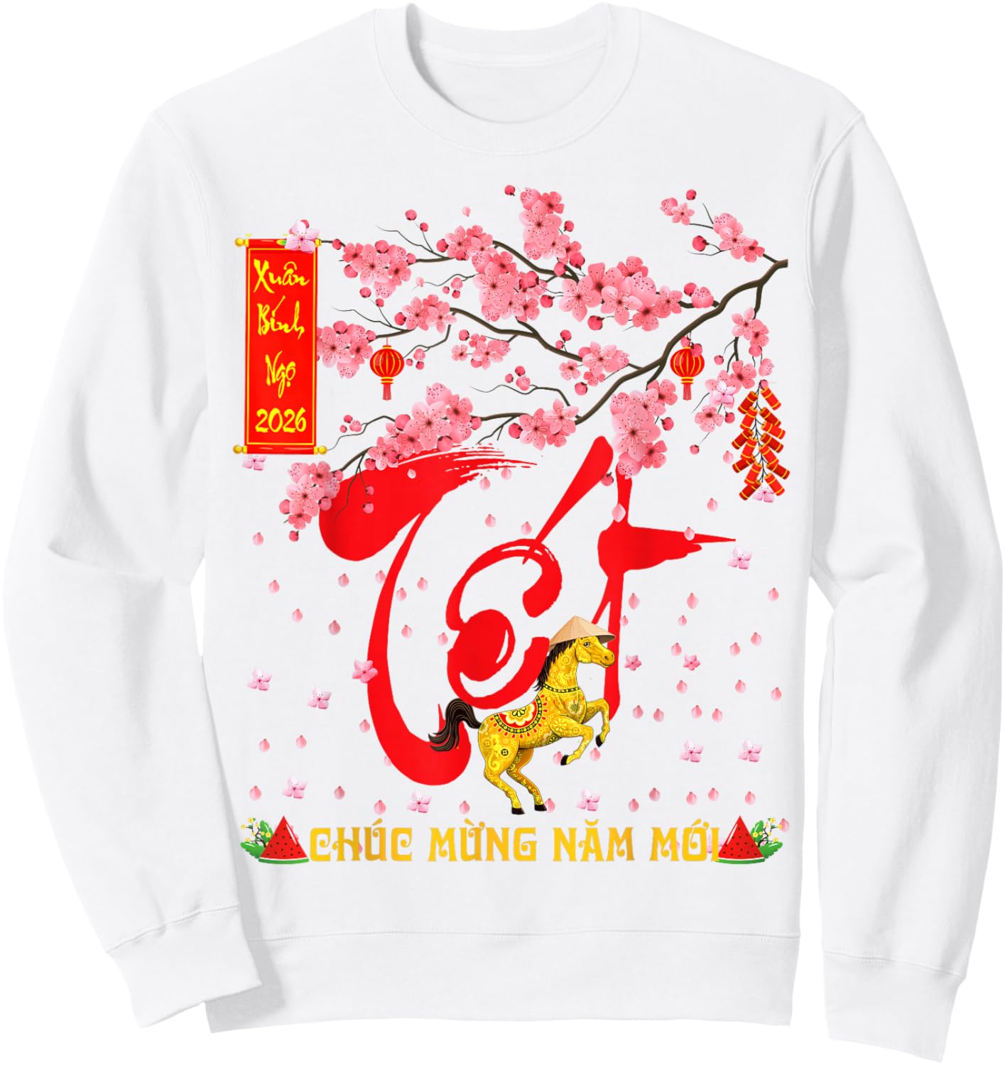 Peach Blossom Vietnamese Lunar New Year Horse 2026 Happy TET Sweatshirt - Sweatshirt | White