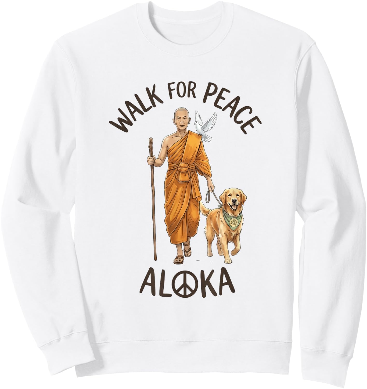 Buddhist Monk Walk for Peace Aloka Line Art Dove Dog Sweatshirt - Sweatshirt | White