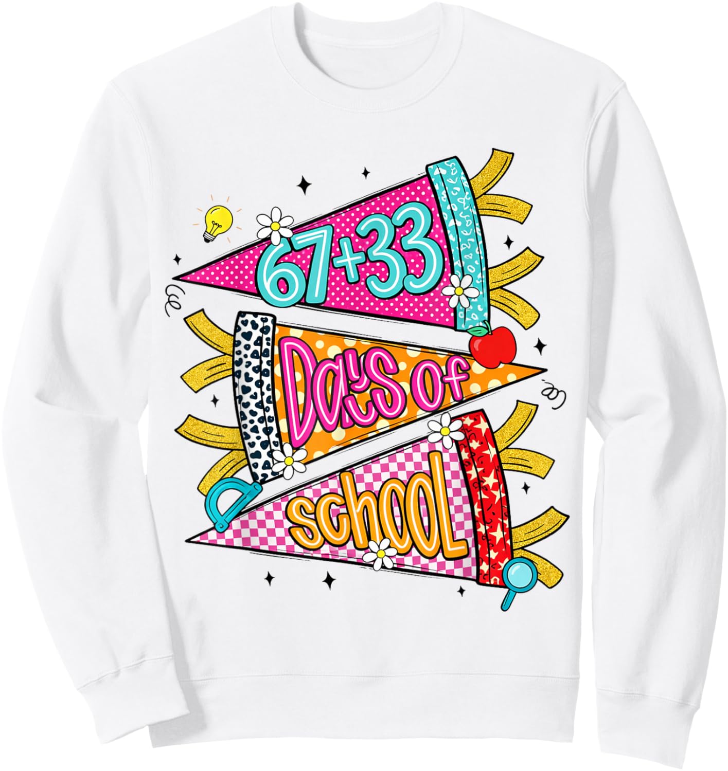Preppy 67+33 Days of School Cheer 100 Days Teachers Sweatshirt - Sweatshirt | White
