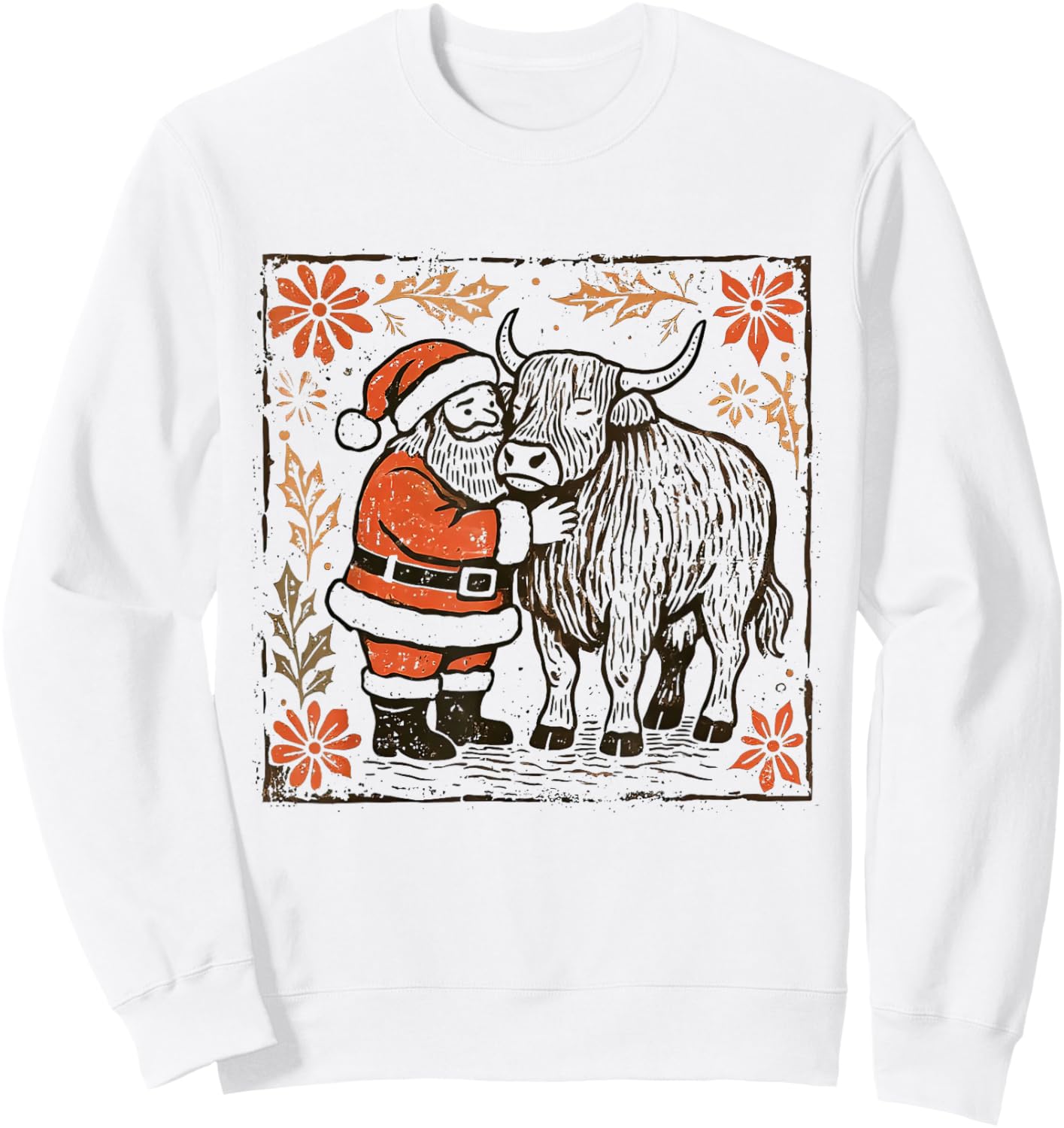 Boho Floral Western Christmas Santa Claus Highland Cow Xmas Sweatshirt - Sweatshirt | White