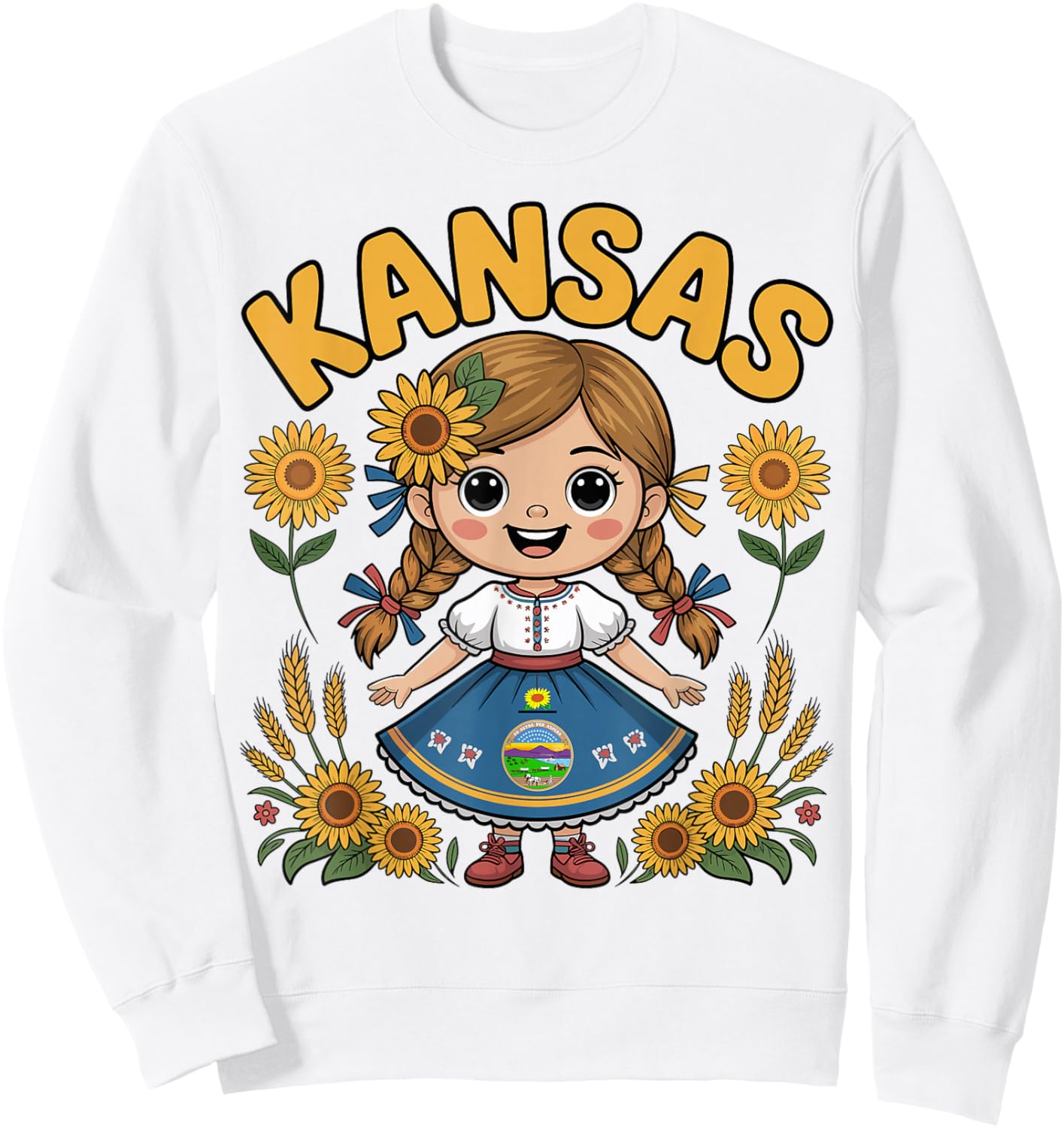 Cute Kansas Girl with Sunflowers and Flag Dress for Kids Sweatshirt - Sweatshirt | White