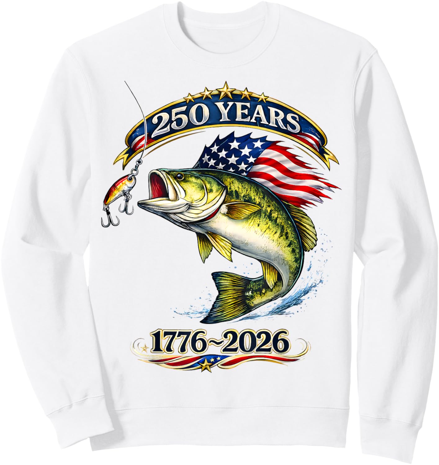 Patriotic Bass Fish and Flag 250 Years Fishing Sweatshirt - Sweatshirt | White