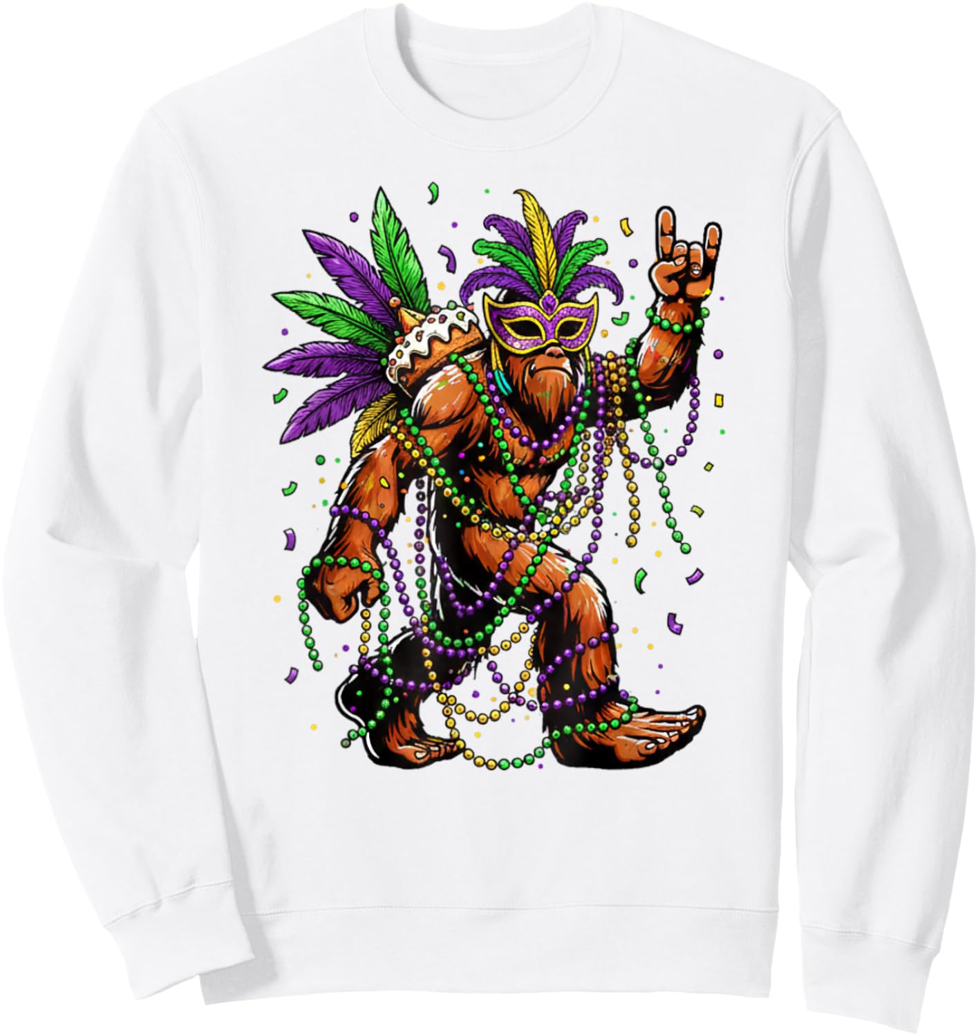Mardi Gras Bigfoot Beads Necklace King Cake Mask Feathers Sweatshirt - Sweatshirt | White