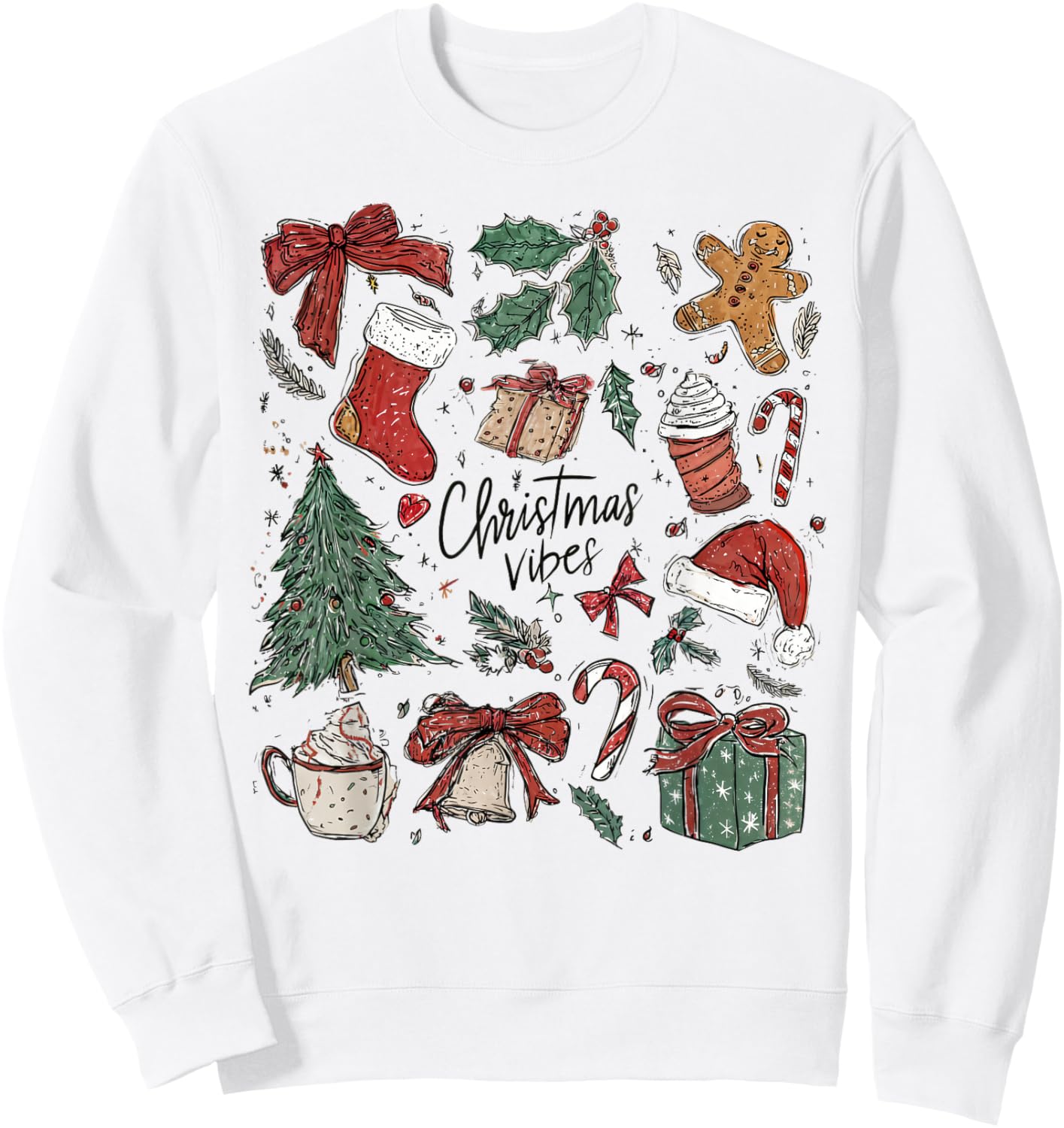 Christmas Vibes Xmas Tree Hot Chocolate Coquette Bow Santa Sweatshirt - Sweatshirt | White