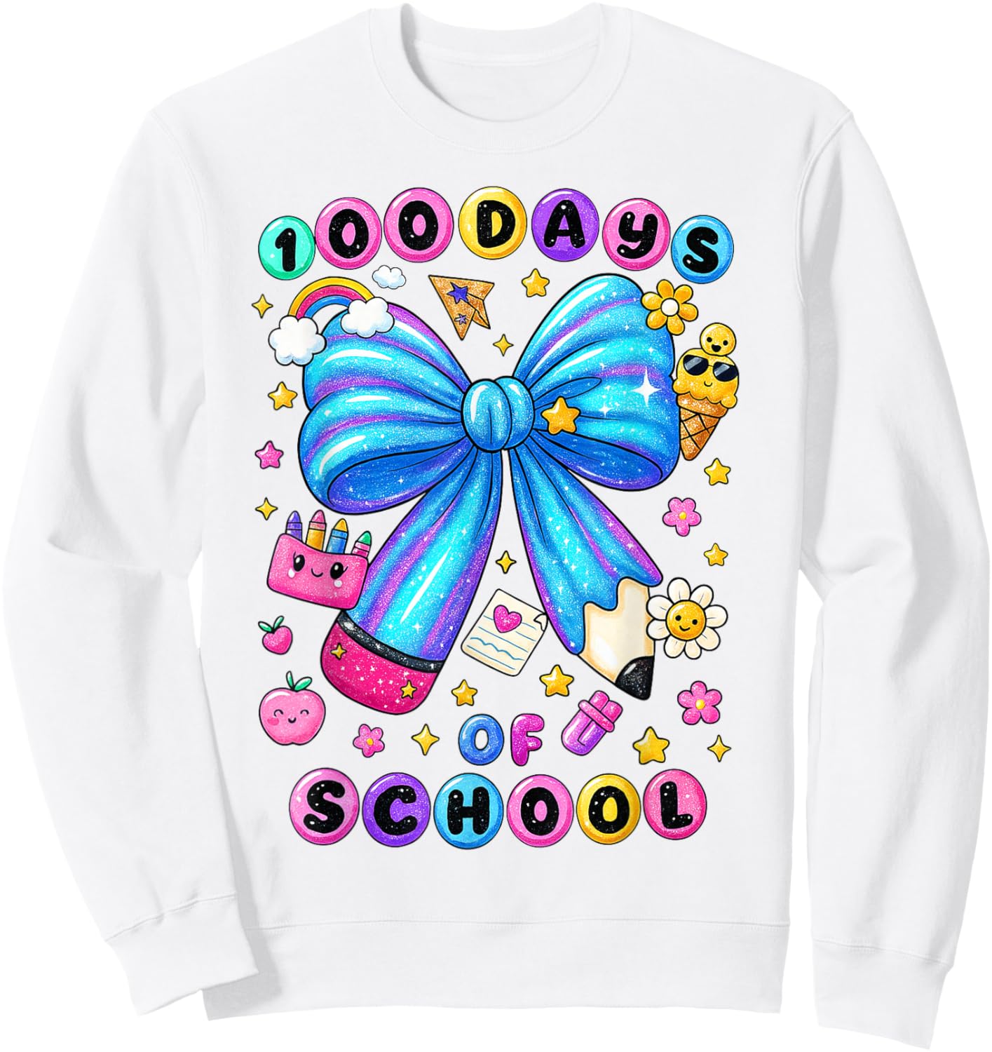 100 Days of School Bow Pencil Preppy Teacher Girl Kid Sweatshirt - Sweatshirt | White