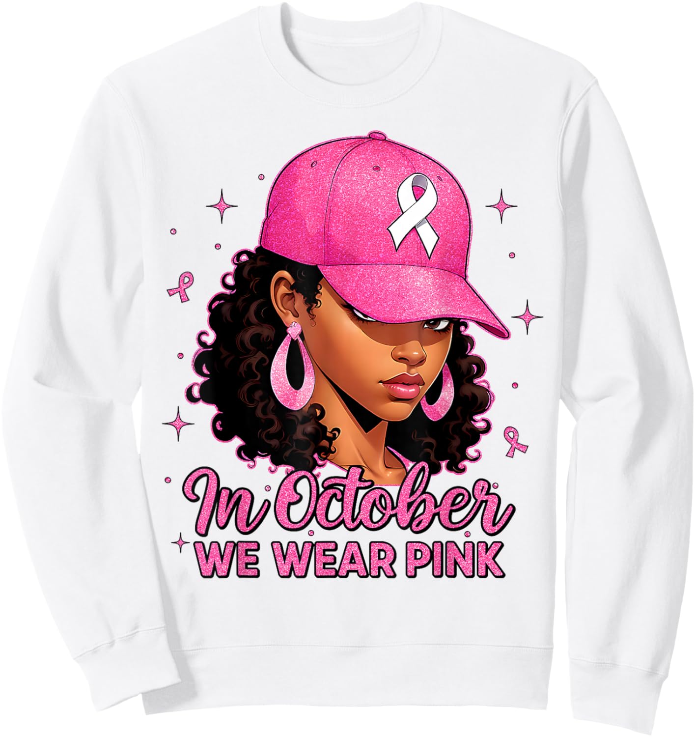 in October We Wear Pink Black Women Breast Cancer Awareness Sweatshirt - Sweatshirt | White