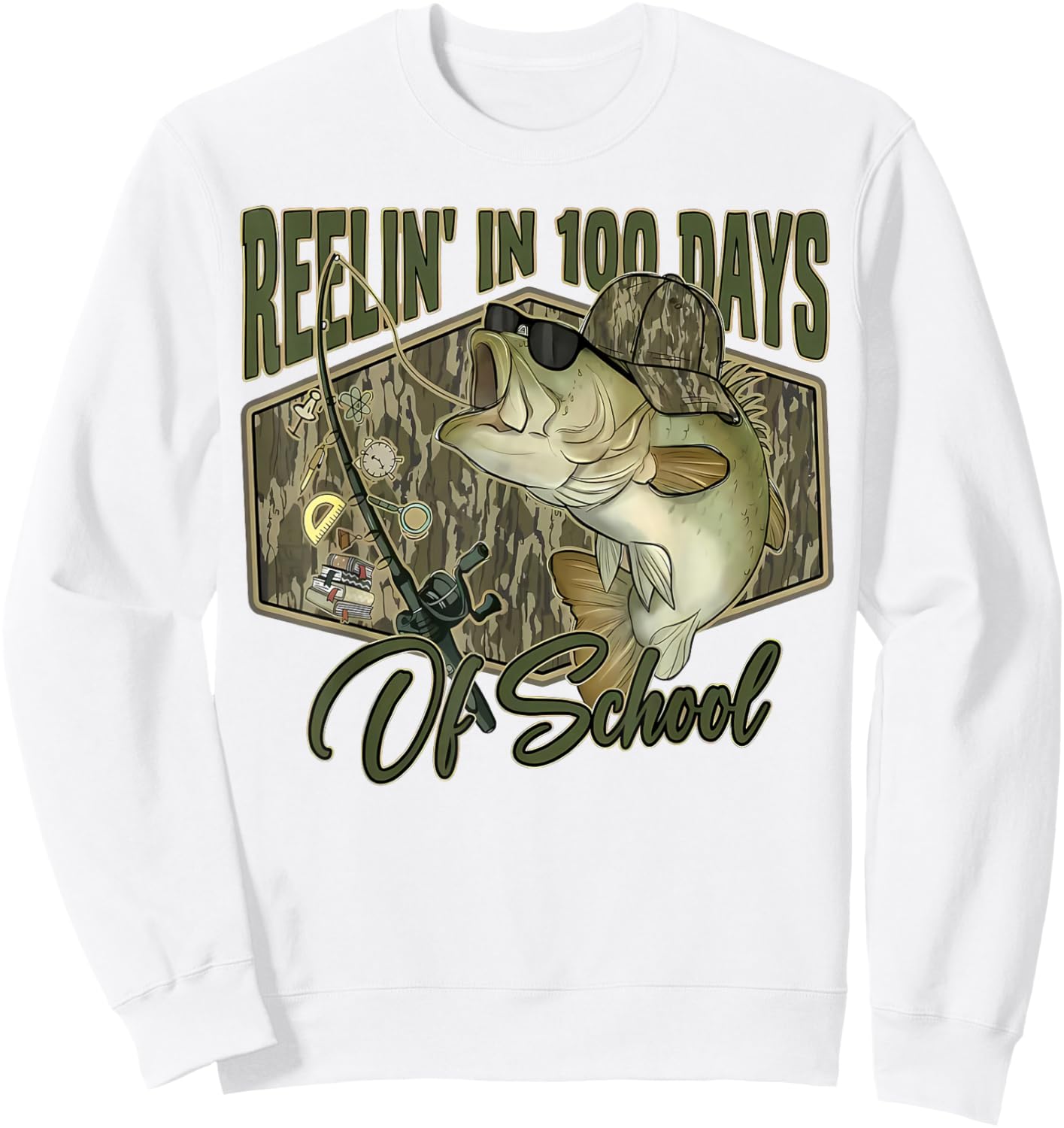 Retro Reelin’ in 100 Days of School Camo Bass Fishing Boys Sweatshirt - Sweatshirt | White