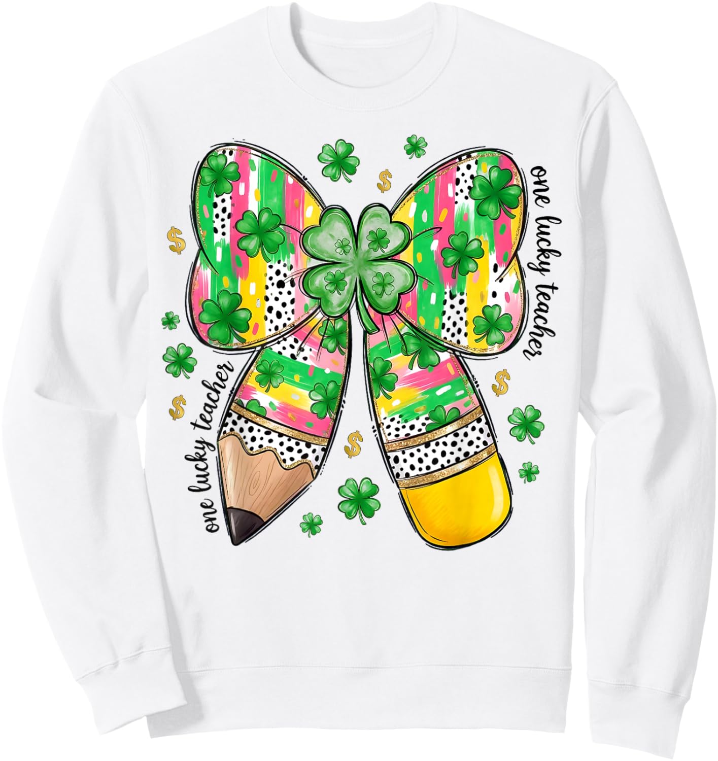 One Lucky Teacher St Patrick's Day Coquette Pencil Shamrock Sweatshirt - Sweatshirt | White