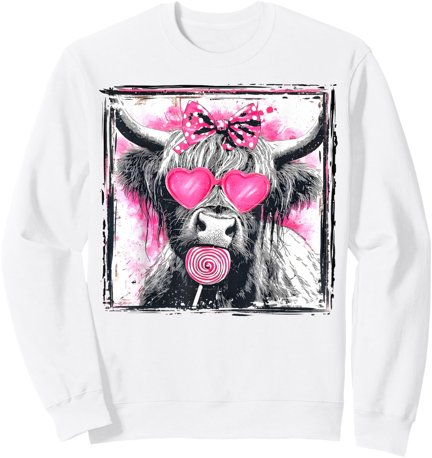 Vintage Cute Lollipop Highland Cow Bow Valentine Pink Heart Sweatshirt - Sweatshirt | White