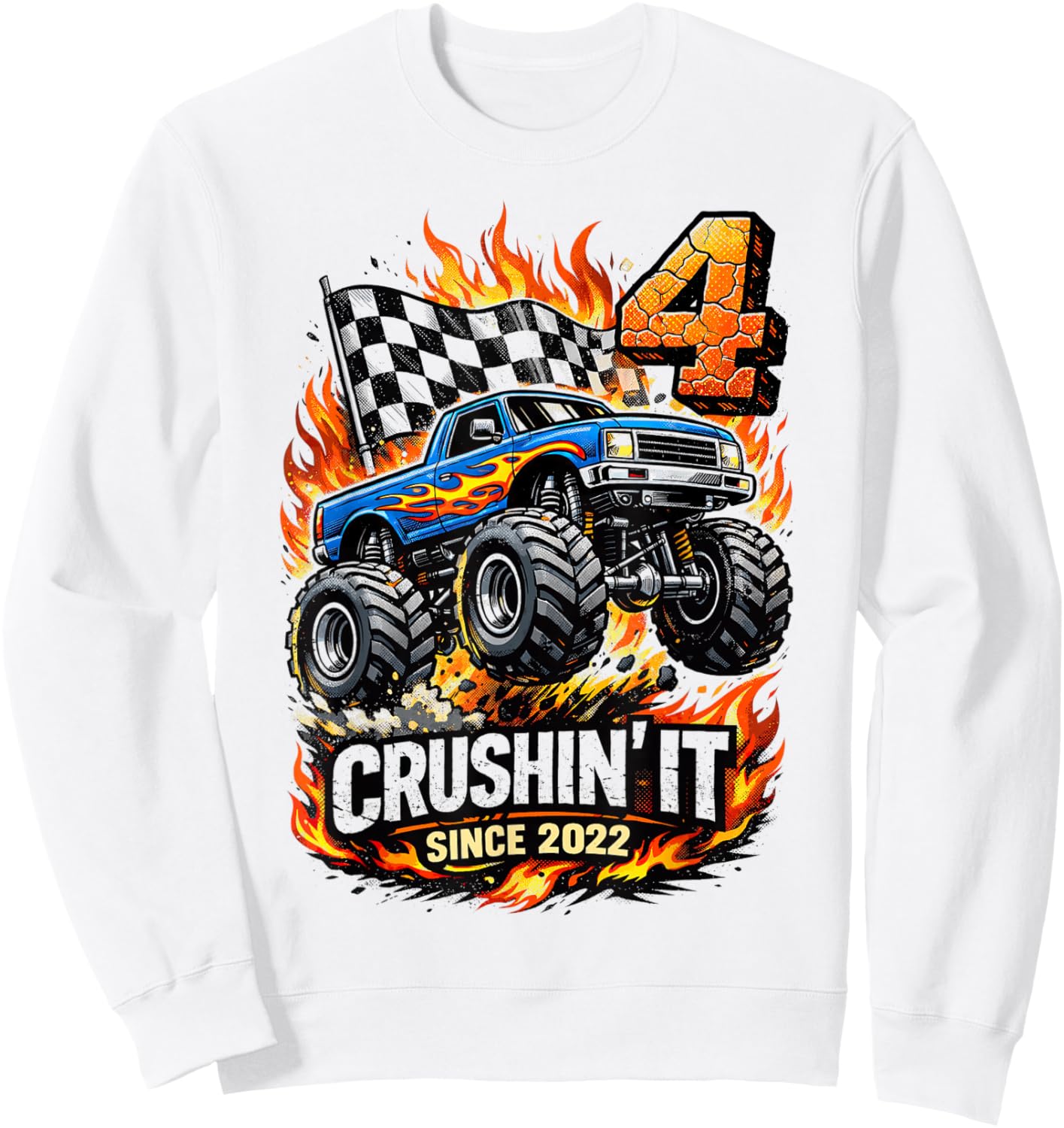 Birthday Monster Truck 4 Year Old Boys 4th Party Born 2022 Sweatshirt - Sweatshirt | White