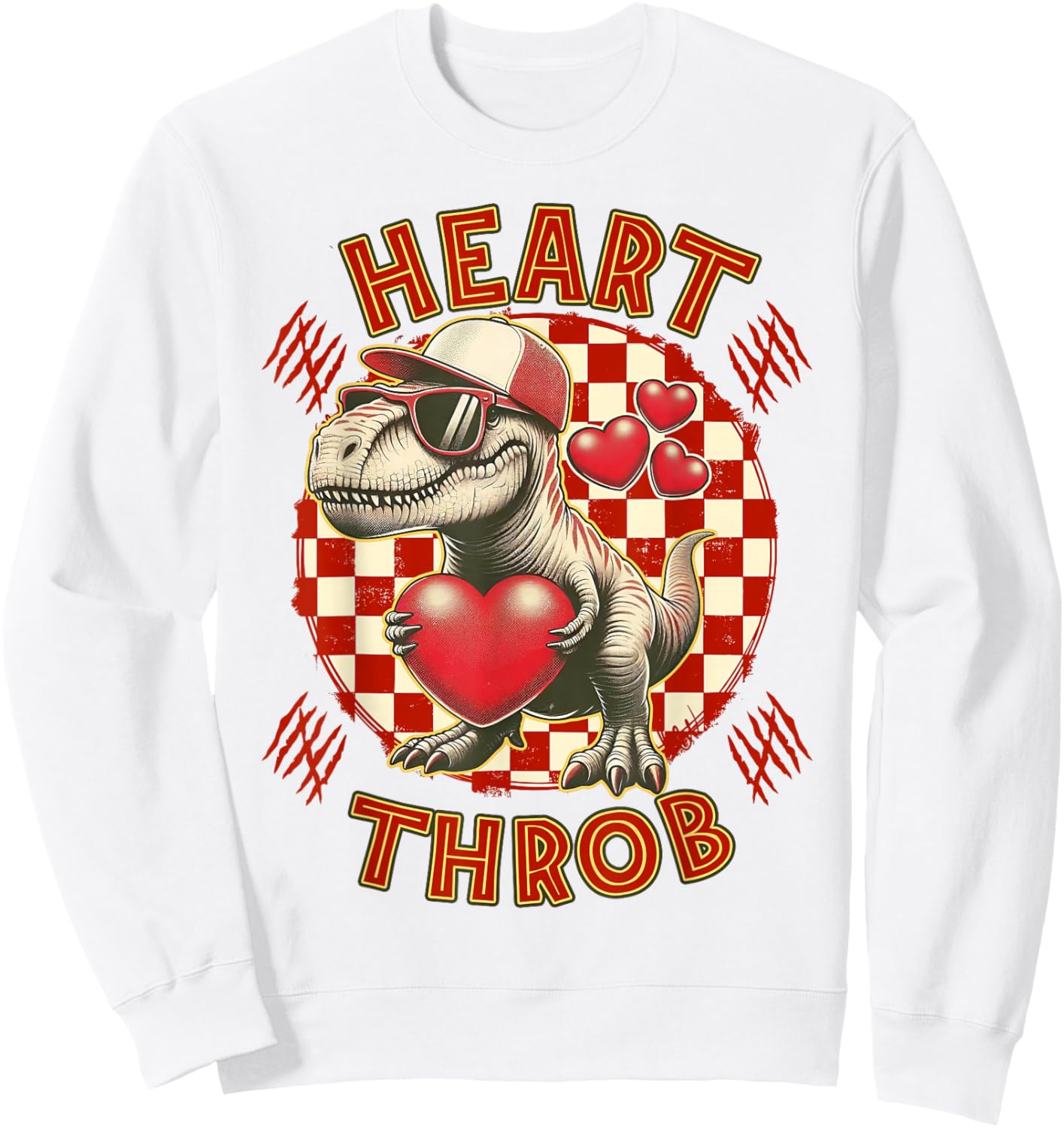 Heart Dinosaur Throb Valentines Day T Rex Checkered Print Sweatshirt - Sweatshirt | White