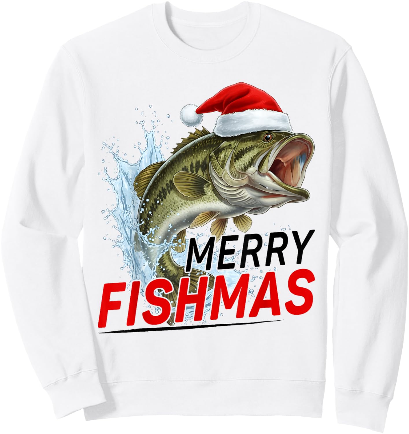 Merry Fishmas Funny Christmas Bass Fisherman Santa Hat Sweatshirt - Sweatshirt | White