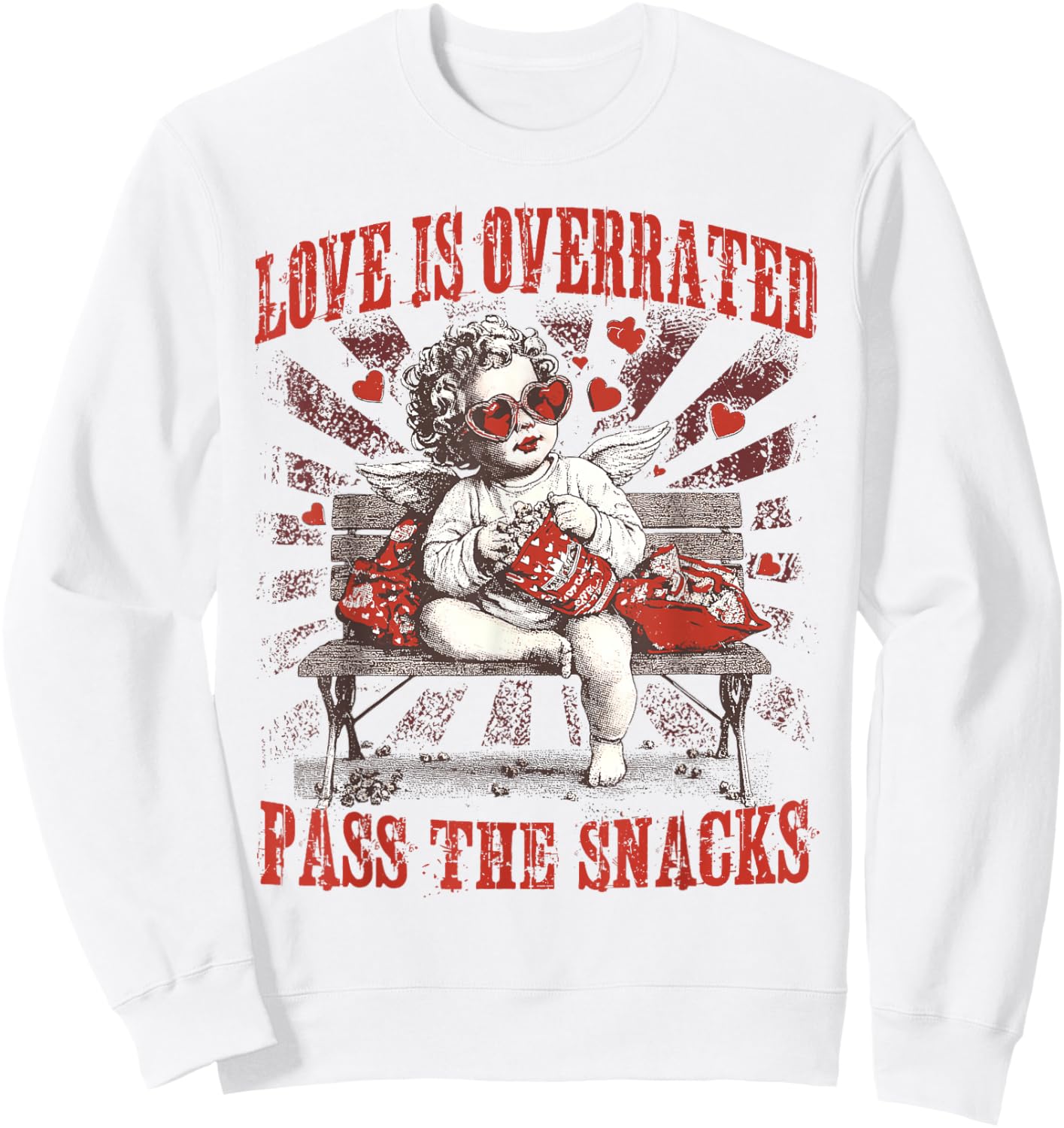 Funny Cupid Love is Overrated Pass The Snacks Anti Valentine Sweatshirt - Sweatshirt | White