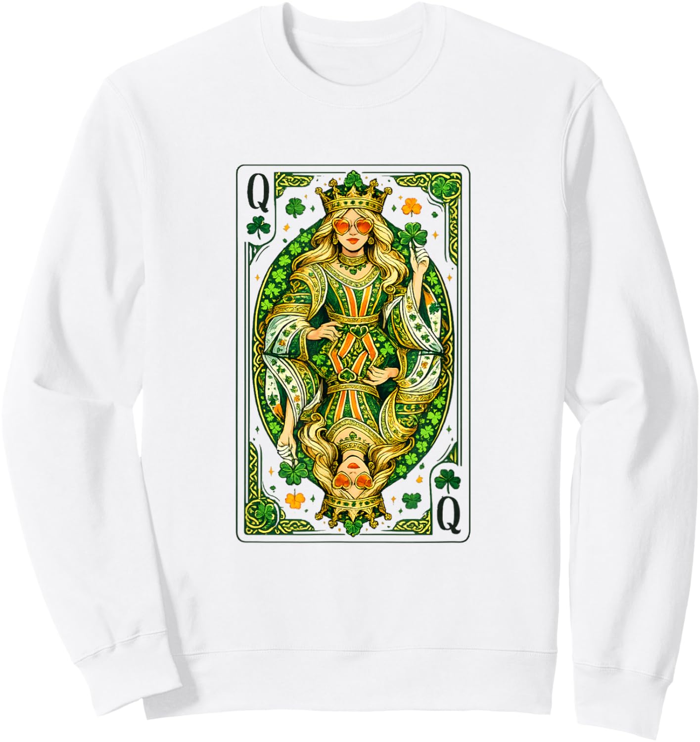 Irish Queen of Hearts Saint Patrick's Day Playing Card Lucky Sweatshirt - Sweatshirt | White