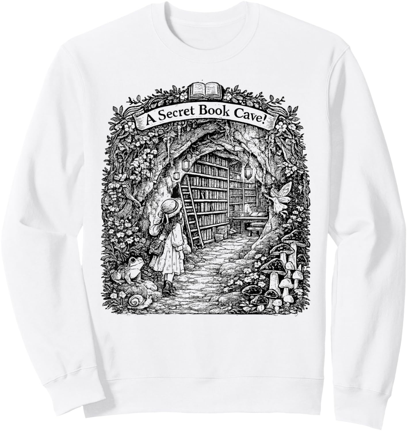 for Bookworm | A Secret Book CAVE | Frog Girl Mushroom Books Sweatshirt - Sweatshirt | White