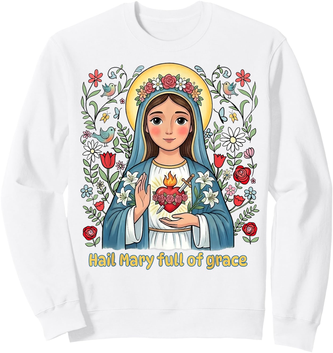 Beautiful Catholic Hail Mary Full of Grace Floral Kids Sweatshirt - Sweatshirt | White