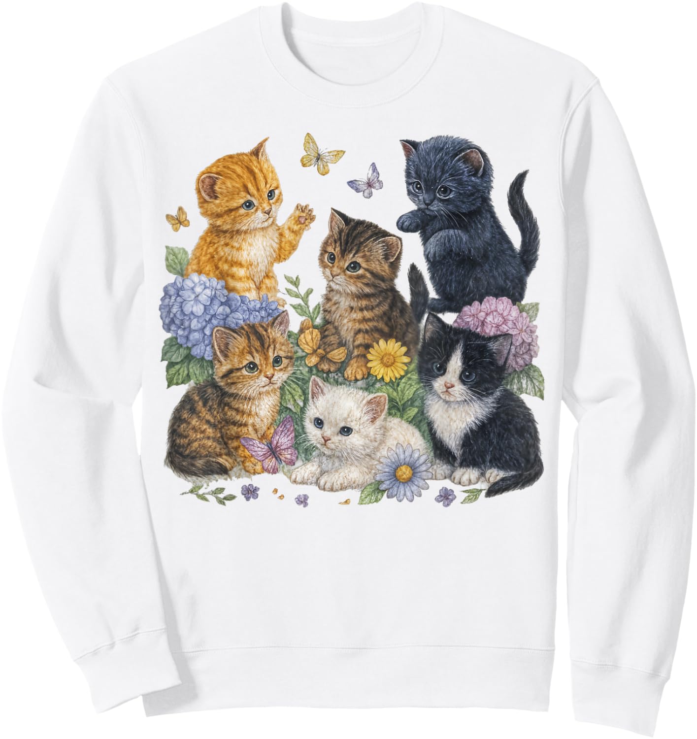 Cat Flower Floral Cute Kitten Vintage Flowers Art Cat Lover Sweatshirt - Sweatshirt | White