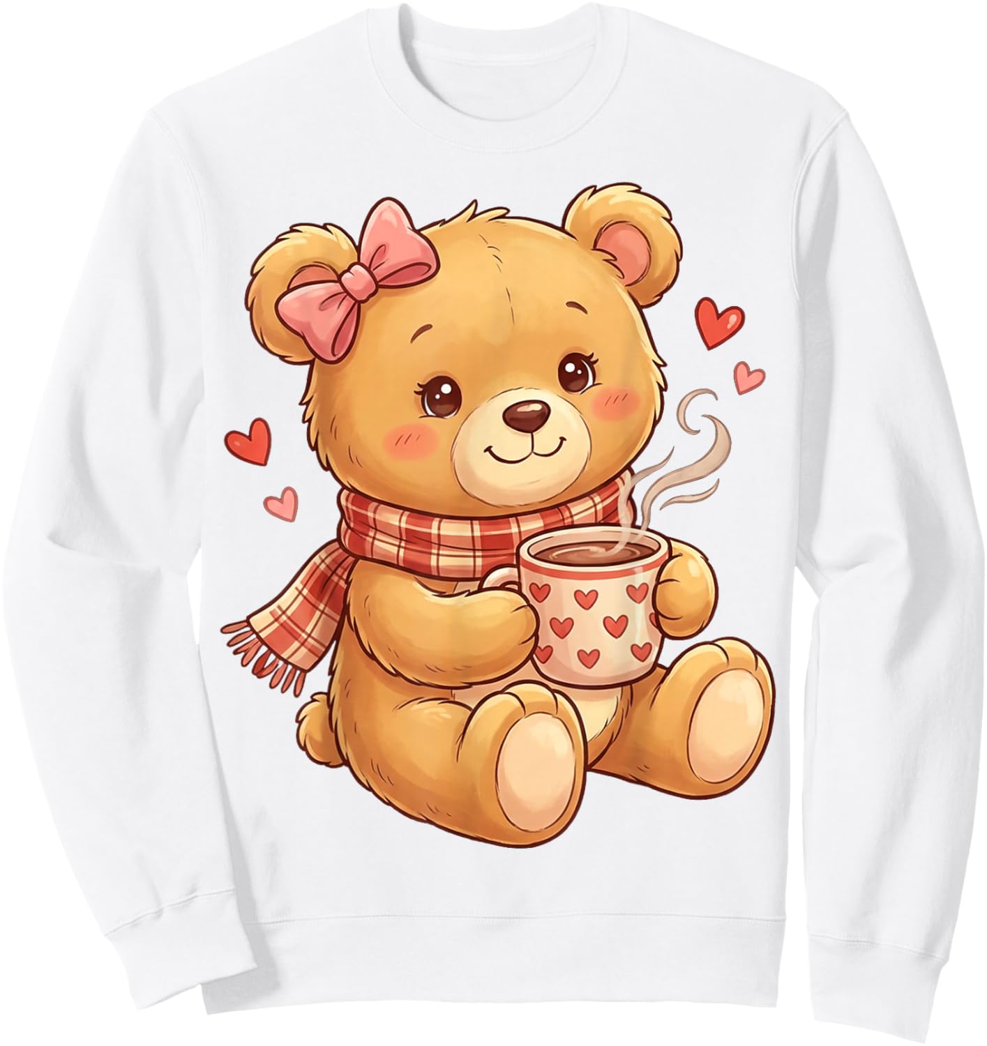 Cute Teddy Bear Women Valentines Day Shirt Girl Coffee Heart Sweatshirt - Sweatshirt | White