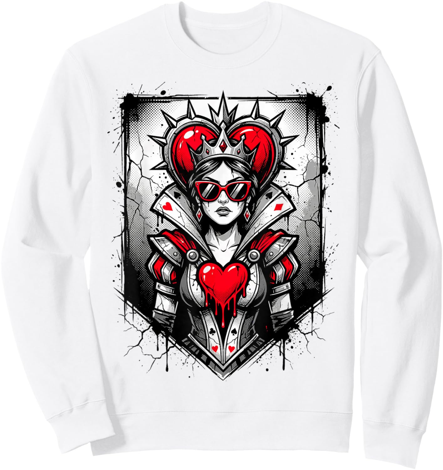 Red Queen of Hearts Rebel Crown Sunglasses Poker Card Women Sweatshirt - Sweatshirt | White