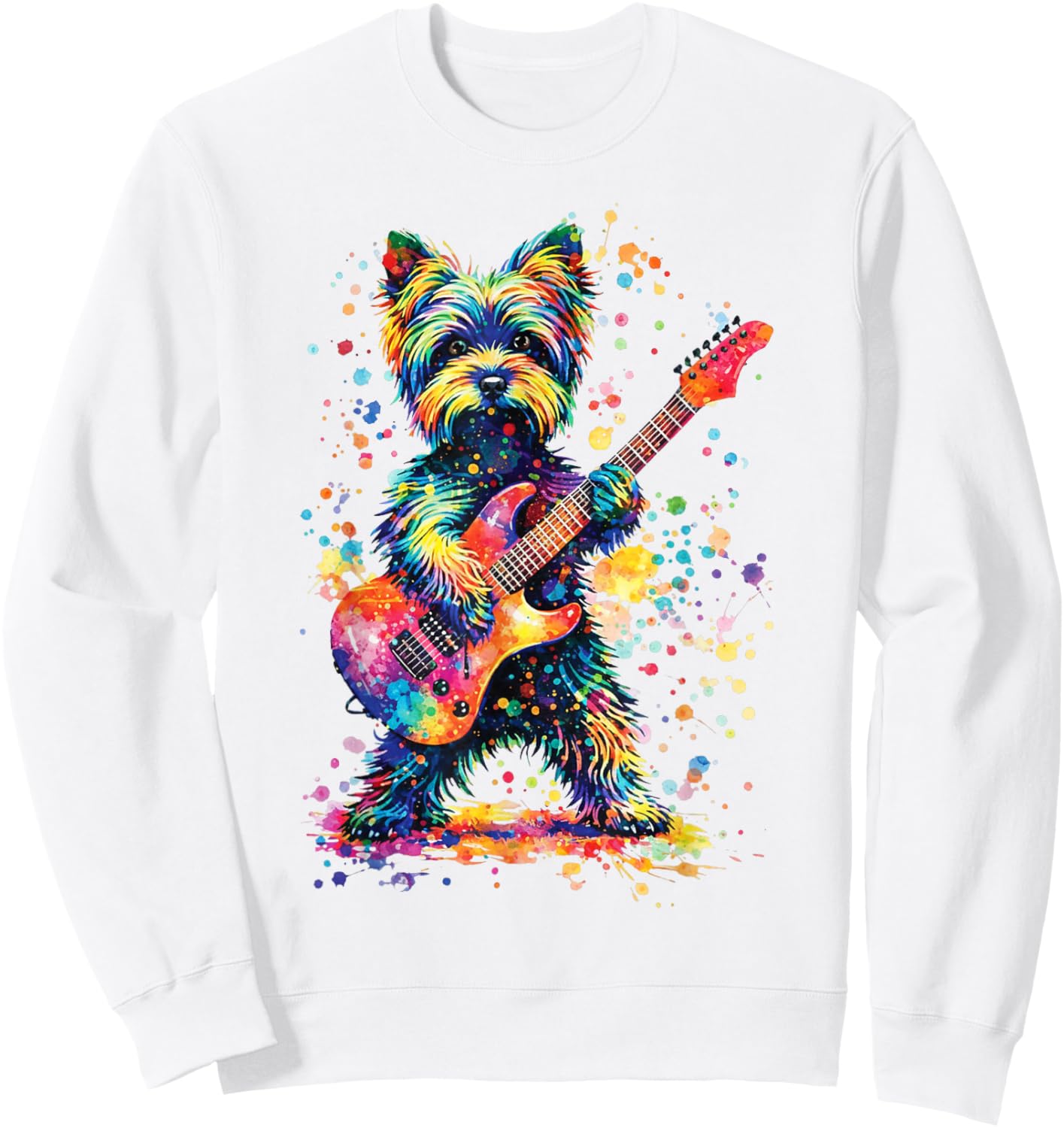 Colorful Yorkie Rock Funny Dog Playing Guitar Rock Style Sweatshirt - Sweatshirt | White
