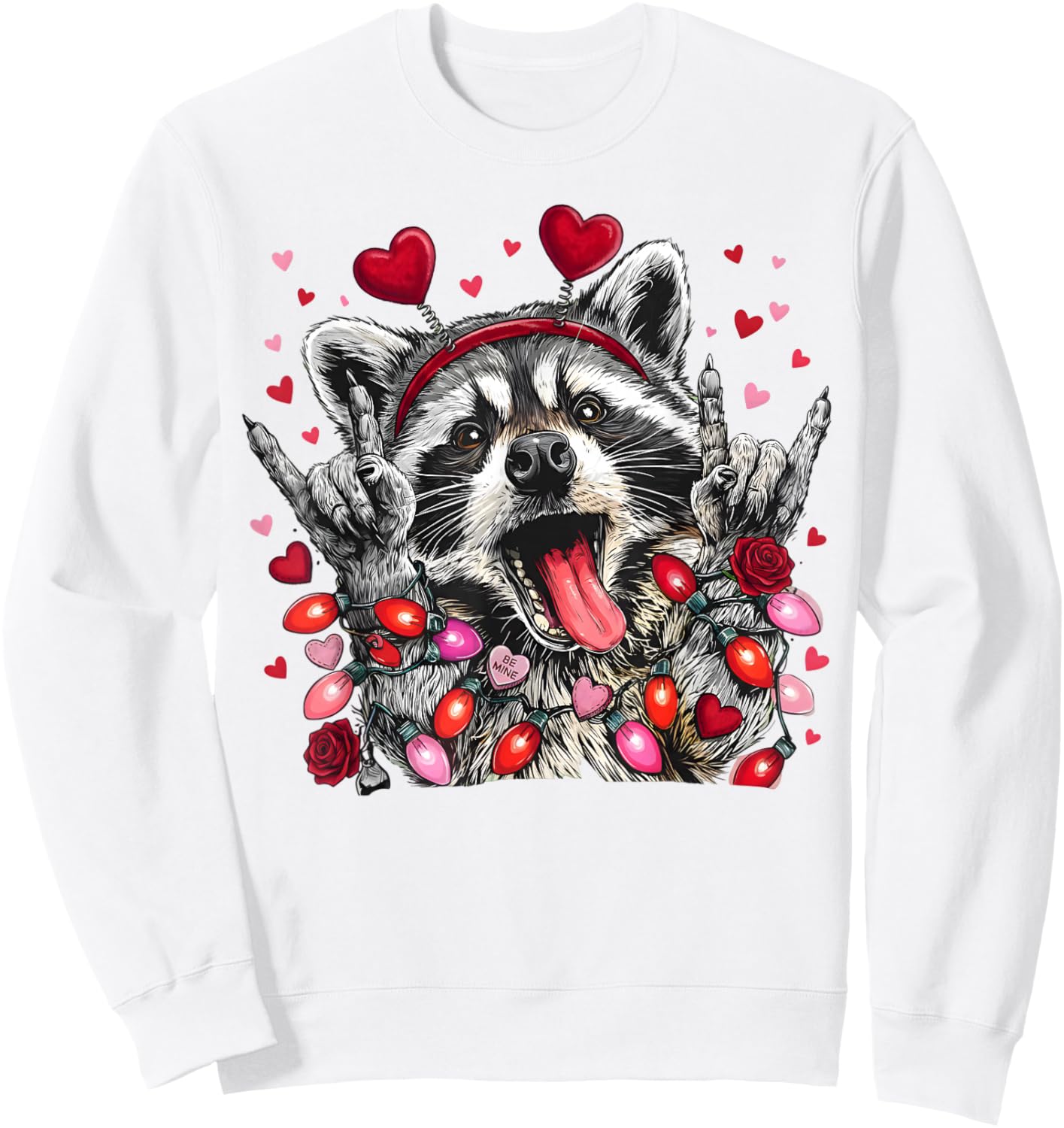 Rock On Hand Sign Racoon Meme Funny Valentines Sweatshirt - Sweatshirt | White