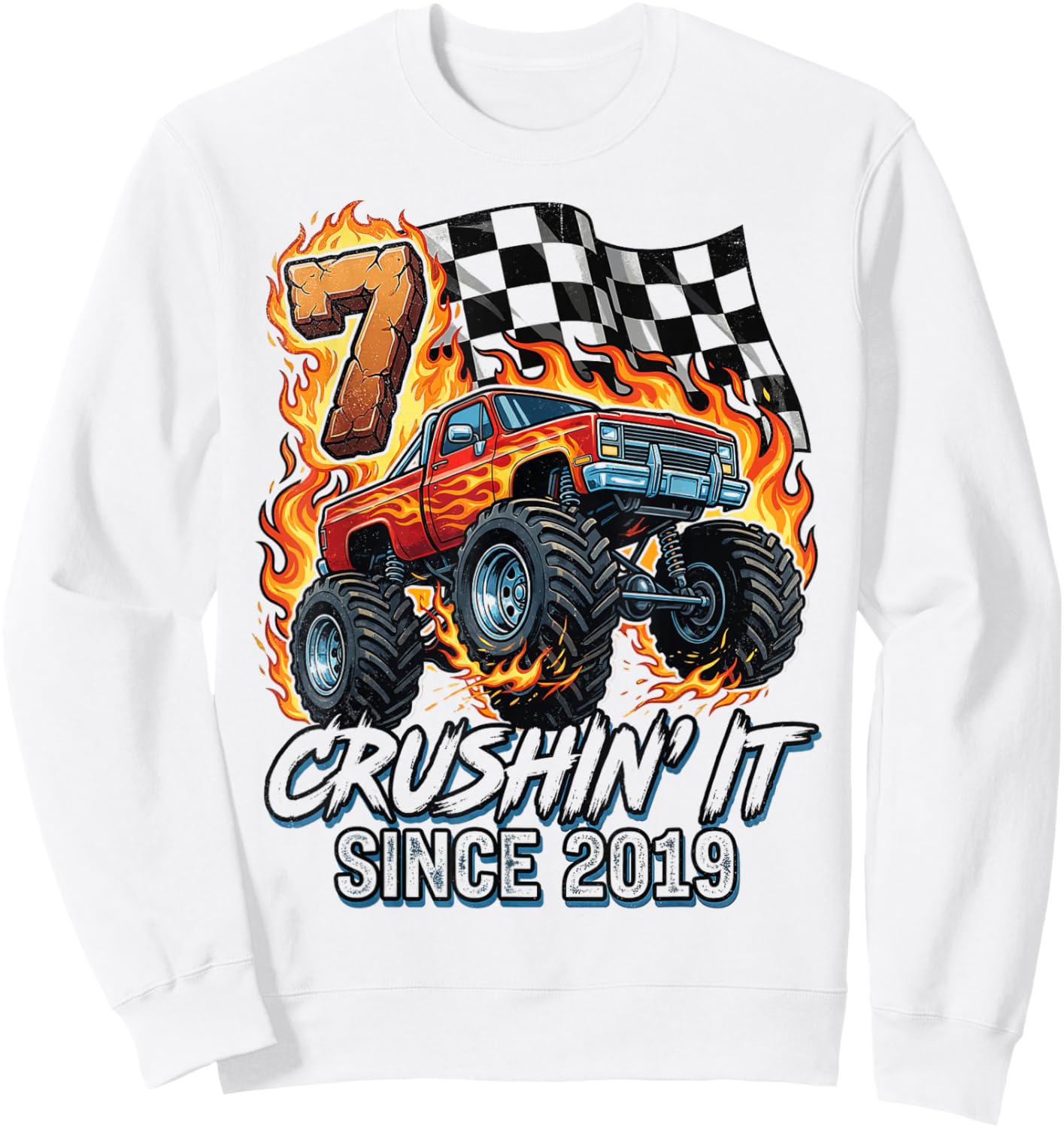 Birthday Monster Truck 7 Year Old Boys 7th Party Born 2019 Sweatshirt - Sweatshirt | White
